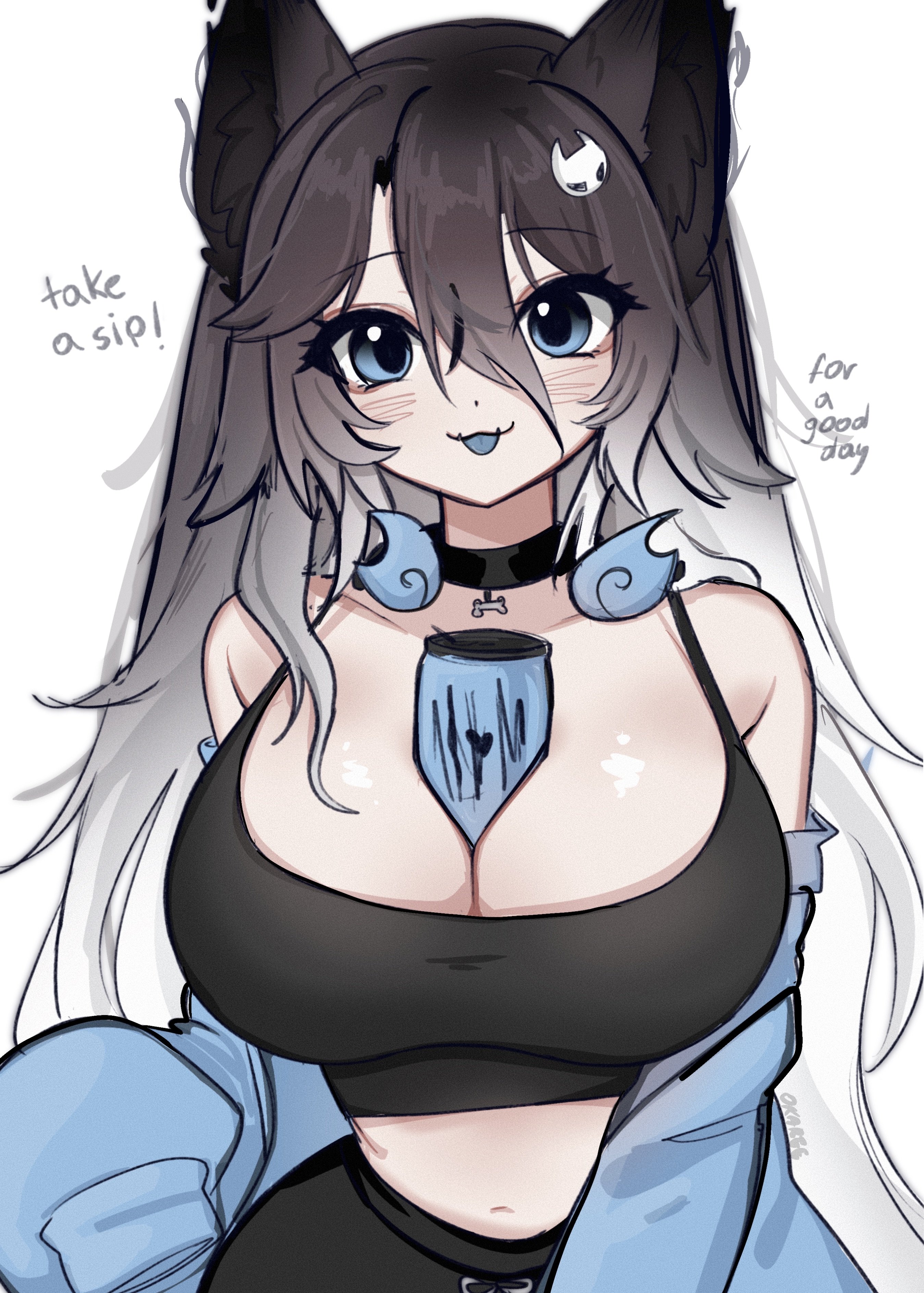 okariin, indie virtual youtuber, absurdres, commentary, english commentary, highres, 1girl, animal ears, bare shoulders, black choker, black tank top, blue eyes, blue jacket, blue tongue, blush, breasts, can, can between breasts, choker, colored tongue, cowboy shot, double-parted bangs, drink can, english text, gradient hair, grey hair, hair between eyes, hair ornament, heart, heart in eye, jacket, jacket partially removed, large breasts, long hair, looking at viewer, midriff, multicolored hair, narrow waist, okariin (vtuber), simple background, smile, solo, symbol in eye, tank top, tongue, tongue out, virtual youtuber, white background, wolf ears, wolf girl