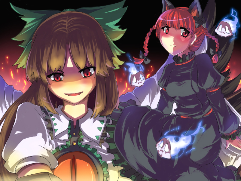 magukappu, kaenbyou rin, reiuji utsuho, touhou, light, 2girls, animal ears, blush, braid, brown hair, cat ears, cat girl, dress, female focus, fire, hair ribbon, head tilt, long hair, multiple girls, no nose, red eyes, red hair, ribbon, short hair, skull, smirk, twin braids, twintails, wings