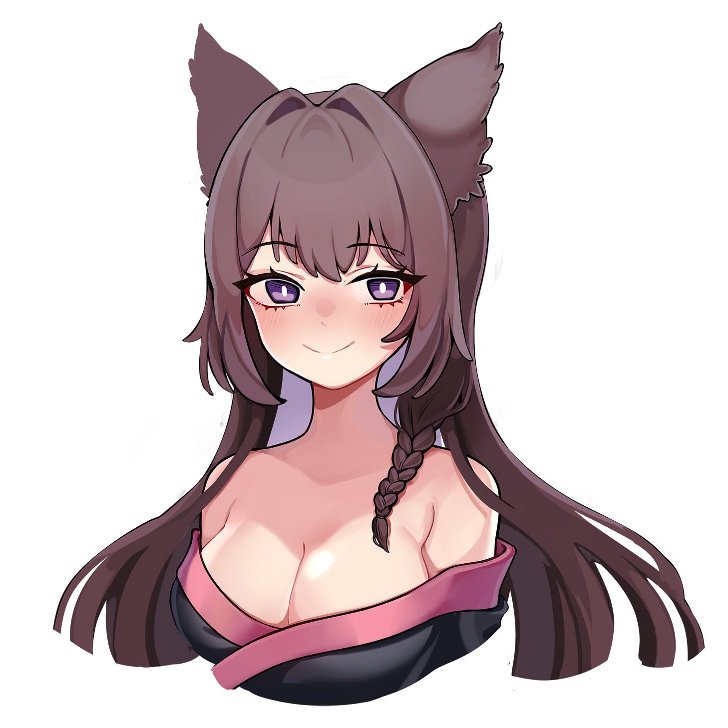 dieselhuh, indie virtual youtuber, commentary, english commentary, highres, 1girl, animal ears, bare shoulders, black kimono, blush, breasts, brown hair, cleavage, closed mouth, cropped torso, fox ears, fox girl, hair intakes, japanese clothes, jellificent (vtuber), kimono, large breasts, long hair, looking at viewer, off shoulder, purple eyes, simple background, smile, solo, virtual youtuber, white background