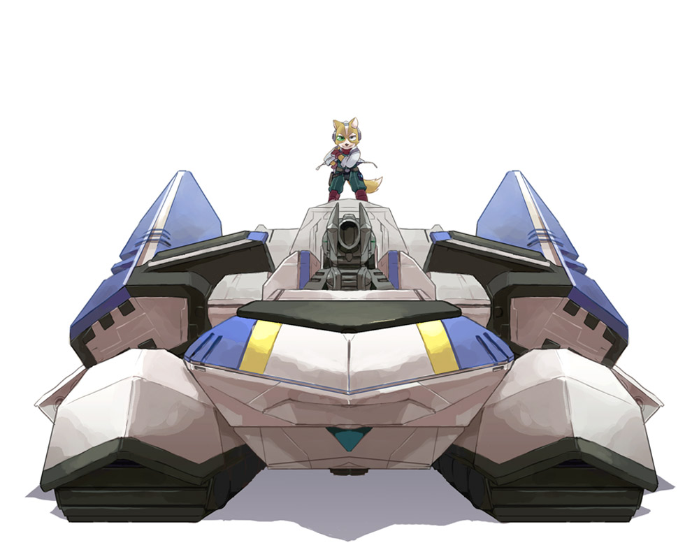 motohashi mari, fox mccloud, landmaster, nintendo, star fox, vehicle, cannon, directed-energy weapon, energy cannon, energy weapon, furry, furry male, gloves, head-mounted display, military, military vehicle, motor vehicle, smile, solo, tail, tank