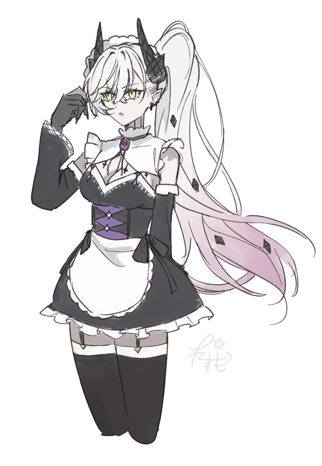 lilith (fate), fate/grand order, fate (series), highres, 1girl, apron, black thighhighs, breasts, demon horns, detached sleeves, garter straps, gradient hair, green eyes, horns, kaduki cosmo, large breasts, maid, maid apron, maid headdress, multicolored hair, pink hair, side ponytail, solo, tattoo, thighhighs, white hair