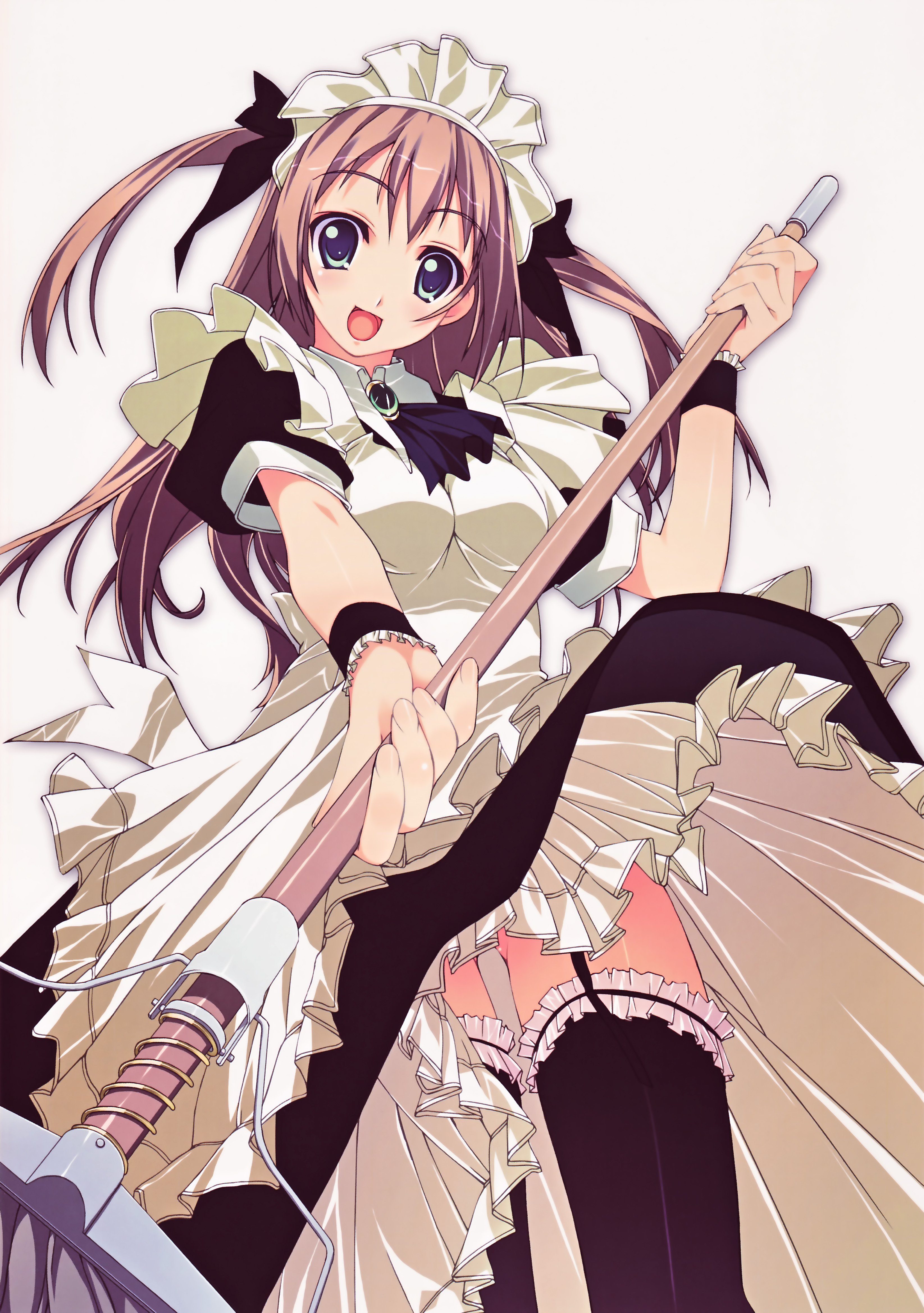 murakami suigun, absurdres, highres, blue eyes, broom, brown hair, frilled thighhighs, frills, from below, garter belt, garter straps, hair ribbon, lingerie, maid, maid headdress, mop, open mouth, petticoat, ribbon, solo, thighhighs, twintails, underwear, upskirt
