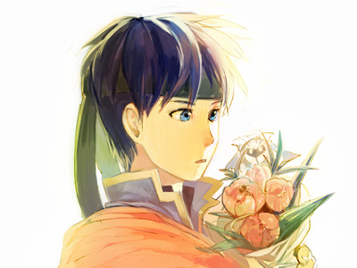 ike (fire emblem), meta knight, fire emblem, fire emblem: path of radiance, fire emblem: radiant dawn, kirby (series), nintendo, super smash bros., lowres, blue eyes, blue hair, bouquet, flower, headband, male focus, solo