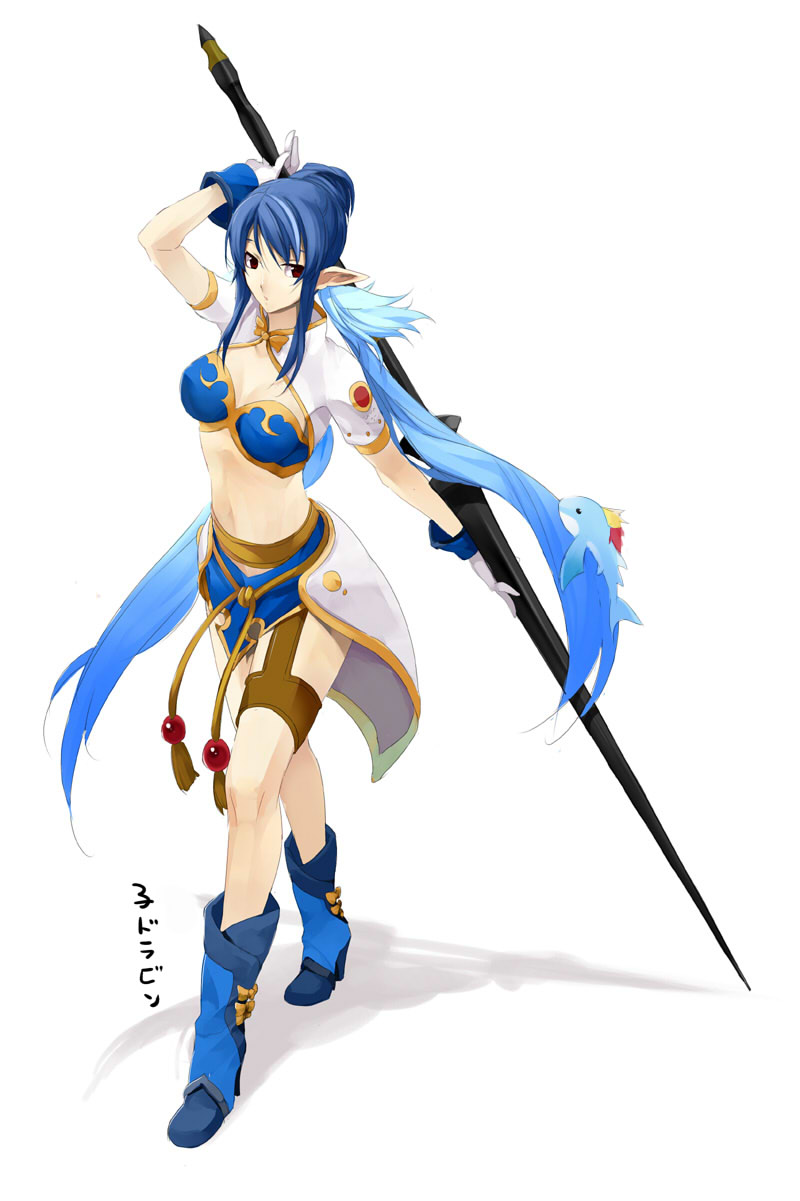 izumi (nagashi), judith (tales), tales of (series), tales of vesperia, bad id, bad pixiv id, highres, 00s, 1girl, blue boots, blue hair, boots, female focus, gloves, knee boots, lance, midriff, pointy ears, polearm, purple eyes, solo, weapon, white gloves