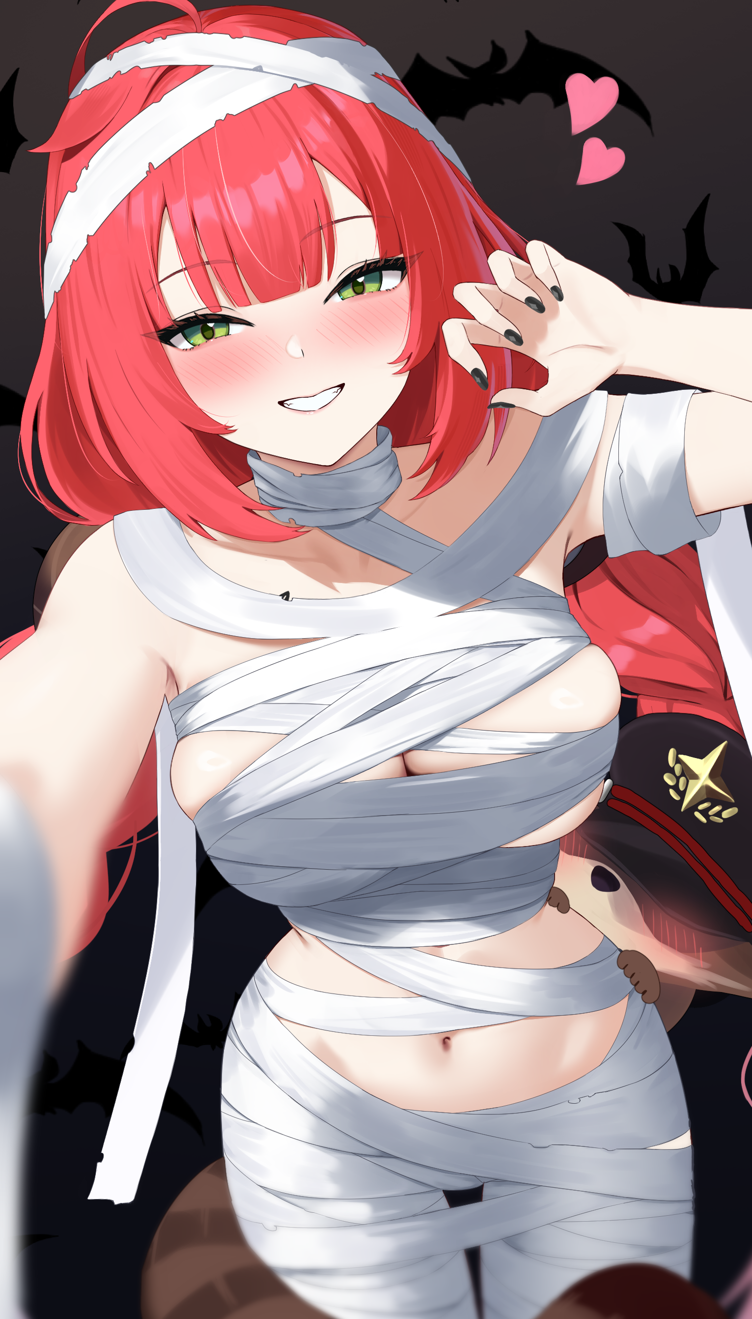 4kebidayo, ukinami yuzuha, zenless zone zero, absurdres, commentary request, highres, 1girl, ahoge, bandages, black nails, blush, braid, breasts, claw pose, cleavage, closed mouth, green eyes, heart, large breasts, long hair, looking at viewer, low twin braids, mummy costume, nail polish, naked bandage, navel, red hair, smile, solo, twin braids, very long hair