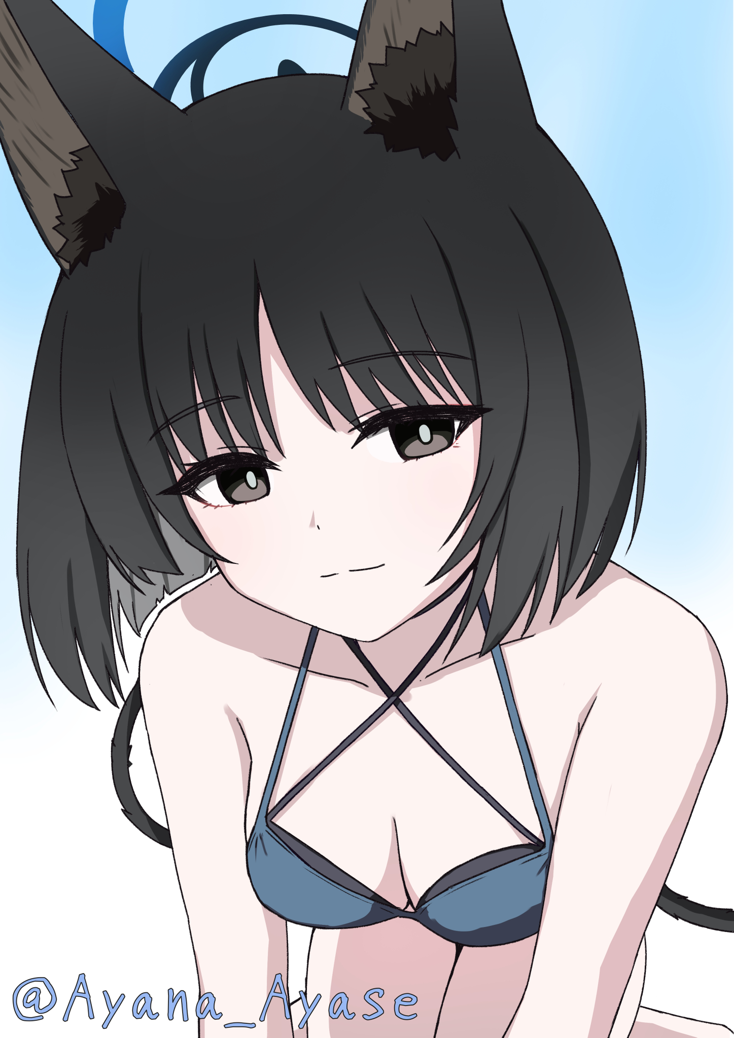 ayana ayase, kikyou (blue archive), kikyou (swimsuit) (blue archive), blue archive, commentary request, highres, 1girl, all fours, animal ear fluff, animal ears, black eyes, black hair, blue background, blue halo, breasts, bright pupils, cat ears, cat girl, cat tail, cleavage, closed mouth, collarbone, criss-cross halter, eyes visible through hair, gradient background, halo, halterneck, medium breasts, multiple tails, official alternate costume, short hair, simple background, smile, solo, split mouth, tail, tsurime, twitter username, two tails, white background, white pupils