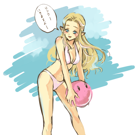 mutsuki kaya, ball kirby, kirby, princess zelda, kirby (series), nintendo, super smash bros., the legend of zelda, the legend of zelda: twilight princess, lowres, translated, 1girl, ball, bikini, blonde hair, blue eyes, elf, female focus, long hair, pointy ears, smile, solo, swimsuit, white bikini