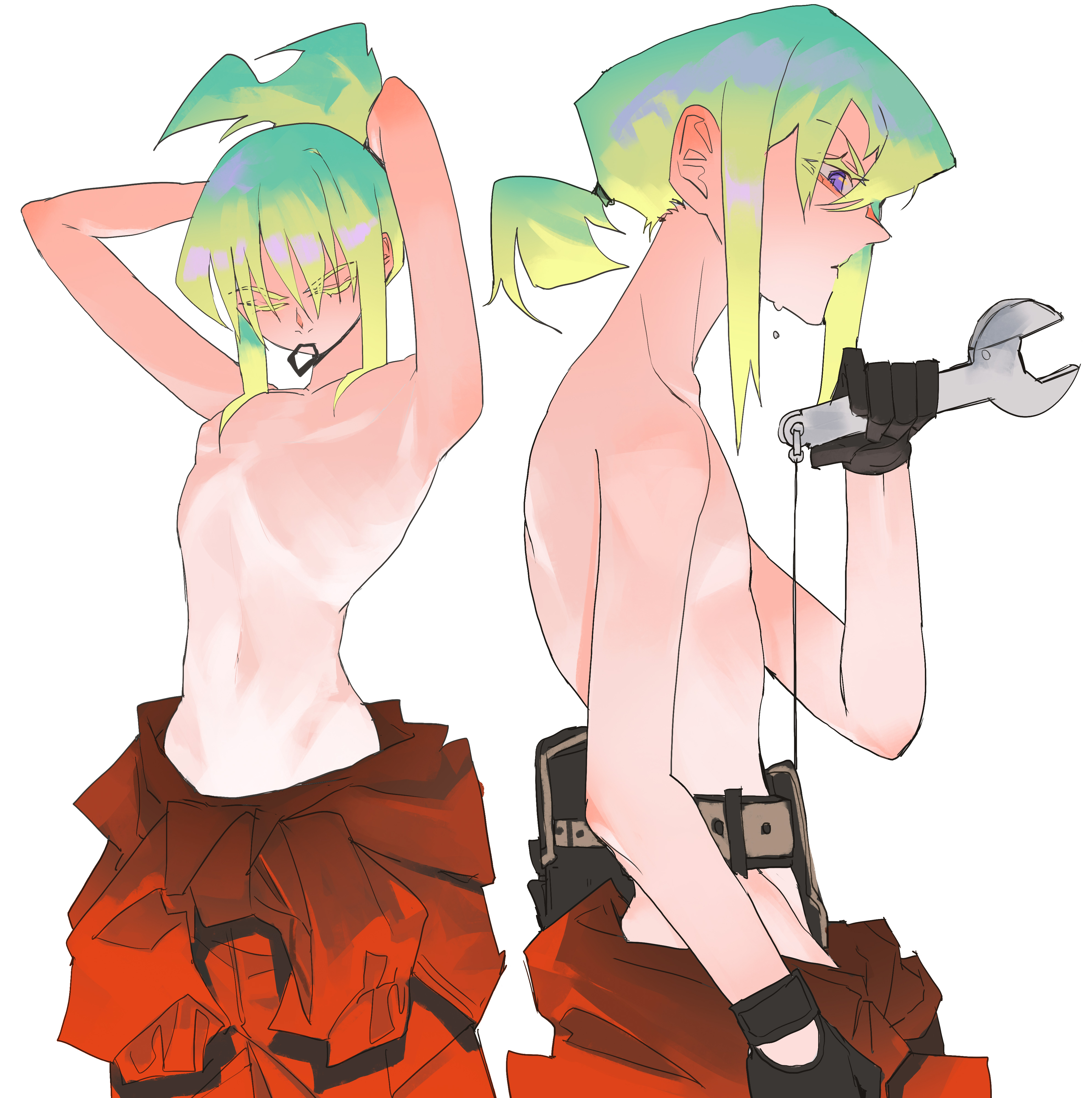 so-rann, lio fotia, promare, absurdres, commentary request, highres, 1boy, blue eyes, closed eyes, gloves, green eyes, long hair, multiple views, overalls, ponytail, red overalls, simple background, solo, topless male, white background, wrench