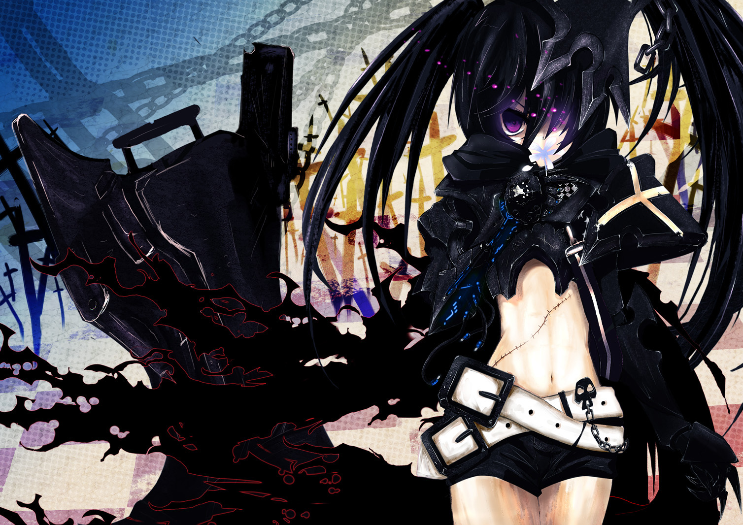 auer, insane black rock shooter, black rock shooter, bad id, bad pixiv id, 10s, armor, belt, black hair, chain, coat, flower, hair over one eye, long hair, midriff, navel, purple eyes, scar, shorts, skull, solo, twintails