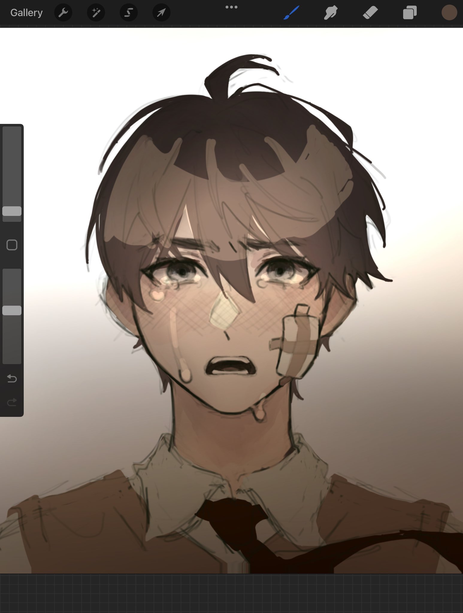 openvl, kim dokja, oldest dream, omniscient reader's viewpoint, screencap, commentary, english commentary, highres, 1boy, 9158mimo, ahoge, art program in frame, bandage on face, bandages, black eyes, black necktie, brown hair, collared shirt, crying, crying with eyes open, hair between eyes, looking at viewer, male focus, necktie, shirt, short hair, solo, tears, vest, white shirt, yellow vest