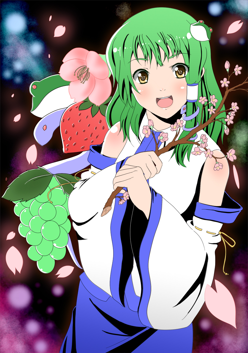 kokonoe (ideanoizumi), kochiya sanae, touhou, highres, 1girl, female focus, flower, food, frog, fruit, grapes, petals, plant, snake, solo, standing, strawberry