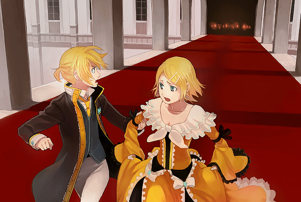 habuki, allen avadonia, kagamine len, kagamine rin, aku no meshitsukai (vocaloid), aku no musume (vocaloid), evillious nendaiki, vocaloid, 1boy, 1girl, blonde hair, blue eyes, brother and sister, daughter of evil, dress, formal clothes, frills, hair ornament, hairclip, necktie, open mouth, ribbon, short hair, siblings, twins, victorian, yellow dress, yellow necktie