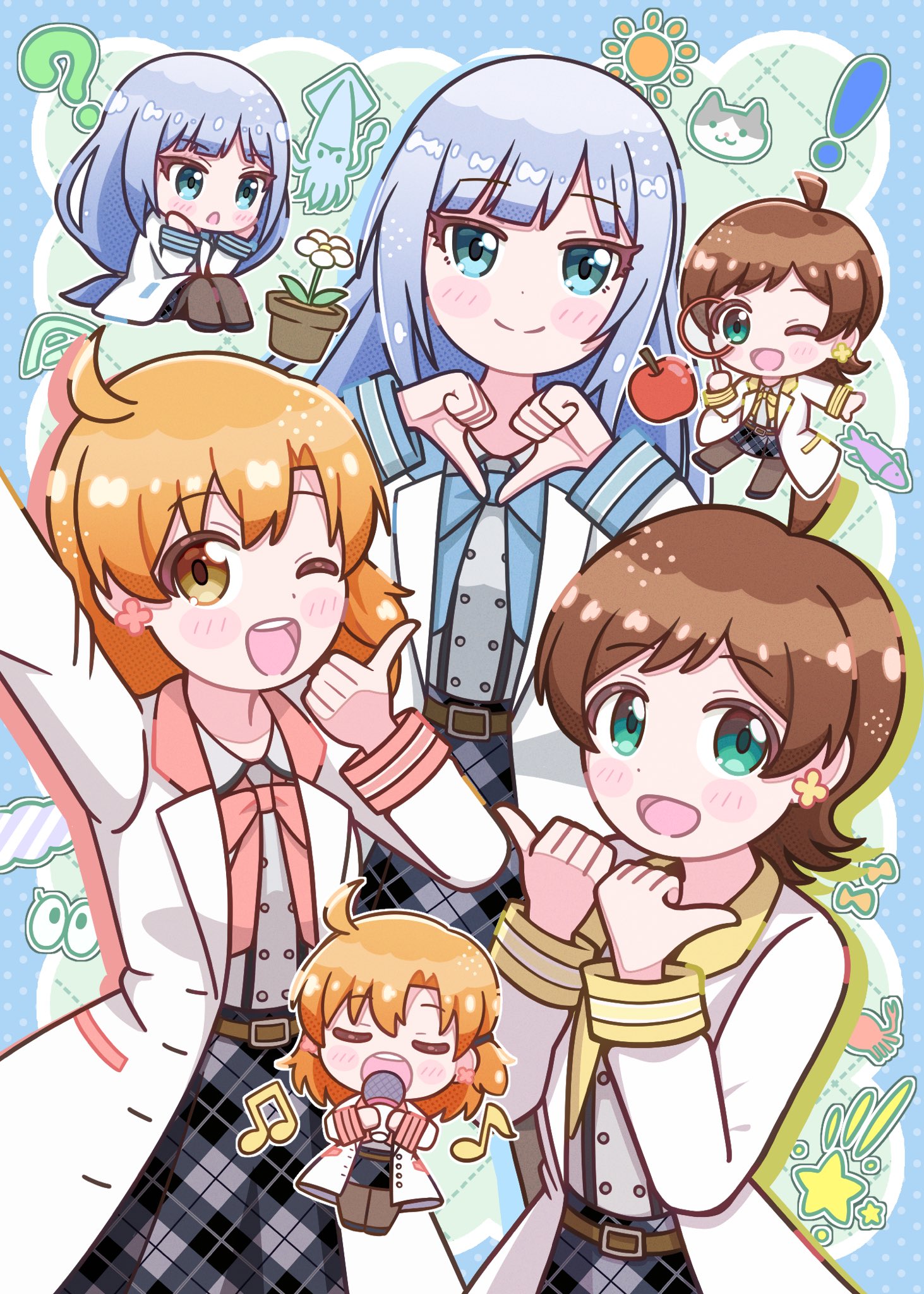 maharagi 375p, kinoshita hinata, shiraishi tsumugi, yabuki kana, idolmaster, idolmaster million live!, idolmaster million live! theater days, highres, !, 3girls, ?, ahoge, apple, aqua eyes, beamed eighth notes, belt, black shoes, blue bow, blue bowtie, blue eyes, blue hair, blue trim, blunt bangs, blush stickers, bow, bowtie, brown belt, brown hair, buttons, cat, chibi, chibi inset, closed eyes, closed mouth, double-breasted, earrings, eighth note, eyelashes, flipped hair, flower, flower earrings, food, fruit, holding, holding magnifying glass, jewelry, lab coat, long hair, long sleeves, looking at viewer, low-tied long hair, magnifying glass, multiple girls, music, musical note, one eye closed, open mouth, orange eyes, orange hair, pantyhose, pink bow, pink bowtie, pink trim, plaid clothes, plaid skirt, plant, potted plant, shoes, short hair, singing, skirt, smile, sun, swept bangs, teeth, u u, upper teeth only, yellow bow, yellow bowtie, yellow trim