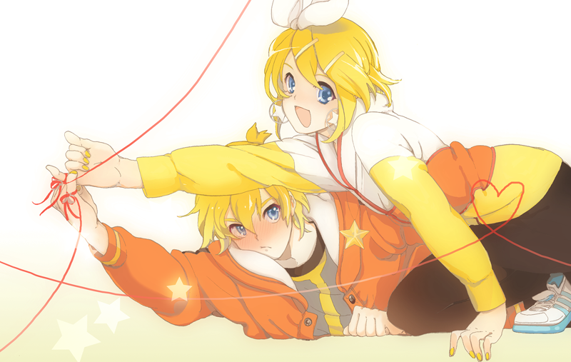 kanke (yonkuma), kagamine len, kagamine rin, juvenile (vocaloid), vocaloid, bad id, bad pixiv id, 1boy, 1girl, alternate costume, blonde hair, blue eyes, blush, brother and sister, casual, contemporary, earrings, fashion, hair ornament, hair ribbon, hairclip, hood, hoodie, jewelry, lying, pantyhose, ribbon, short hair, siblings, smile, star (symbol), string, string of fate, twins