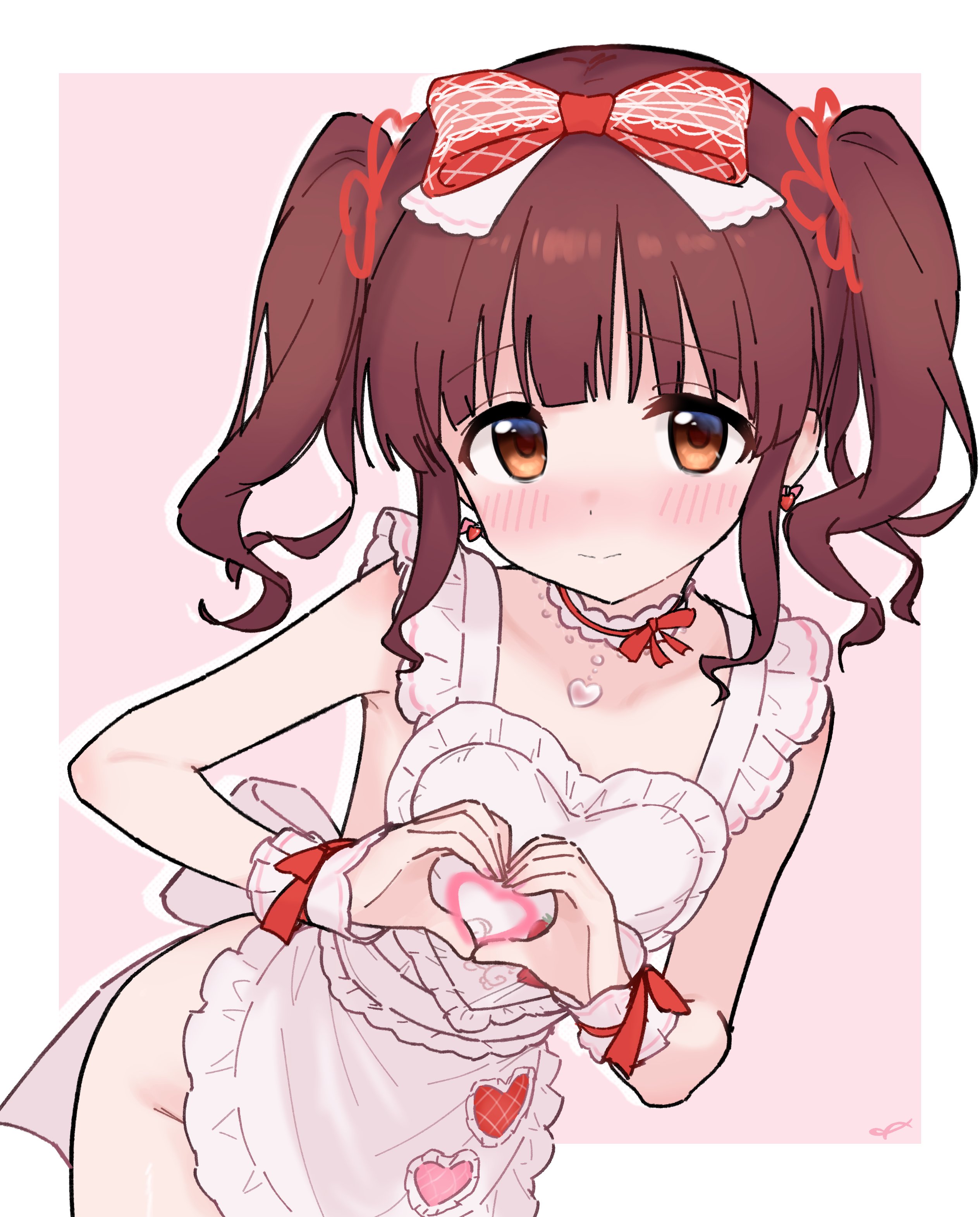 jia wenyuan, ogata chieri, idolmaster, idolmaster cinderella girls, absurdres, highres, 1girl, apron, bare hips, breasts, brown eyes, brown hair, choker, cowboy shot, frilled choker, frilled cuffs, frills, groin, hair ribbon, hair tie, heart, heart choker, heart hands, naked apron, ribbon, small breasts, solo, twintails, two-tone background