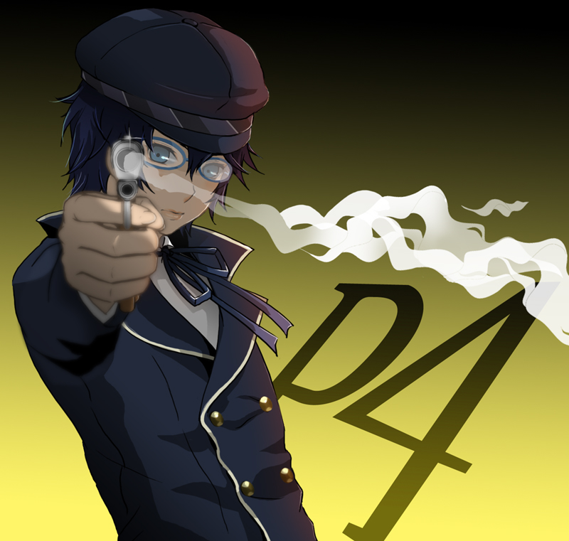 merome, shirogane naoto, atlus, persona, persona 4, 1girl, androgynous, blue eyes, blue hair, female focus, foreshortening, glasses, gun, handgun, hat, matching hair/eyes, newsboy cap, pistol, reverse trap, short hair, smoke, smoking barrel, solo, weapon