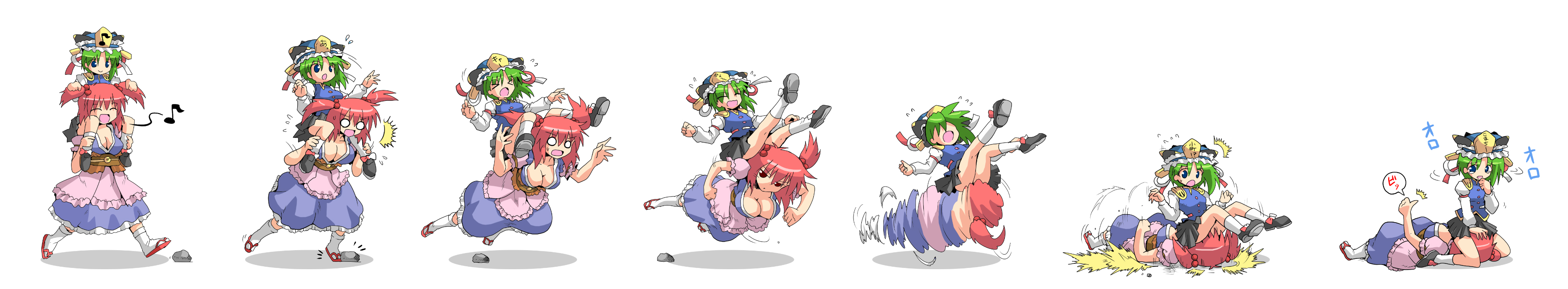 kurogarasu, onozuka komachi, shiki eiki, touhou, absurdres, highres, long image, wide image, > <, 2girls, :d, ^^^, ^ ^, accidental pervert, blue eyes, breasts, carrying, cleavage, closed eyes, comic, expressive clothes, fallen down, falling, female focus, female pervert, green hair, hair bobbles, hair ornament, large breasts, left-to-right manga, medium breasts, multiple girls, musical note, o o, open mouth, pervert, piggyback, quaver, red eyes, red hair, rock, sequential, shoulder carry, silent comic, sitting, sitting on face, sitting on person, smile, spinning, spoken musical note, tears, thumbs up, tripping, twintails, two side up, unlikely accident