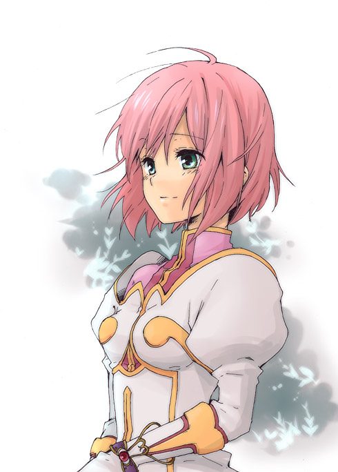 estellise sidos heurassein, tales of (series), tales of vesperia, 00s, 1girl, breasts, female focus, gloves, green eyes, medium breasts, pink hair, short hair, simple background, smile, solo, white background