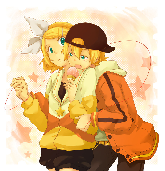 rinko (pixiv36204), rinko (sky), kagamine len, kagamine rin, juvenile (vocaloid), vocaloid, bad id, bad pixiv id, 1boy, 1girl, baseball cap, belt, blonde hair, blue eyes, brother and sister, casual, food, hair ornament, hair ribbon, hairclip, hat, hetero, holding hands, ice cream, no legwear, ribbon, short hair, shorts, siblings, string, string of fate, twins