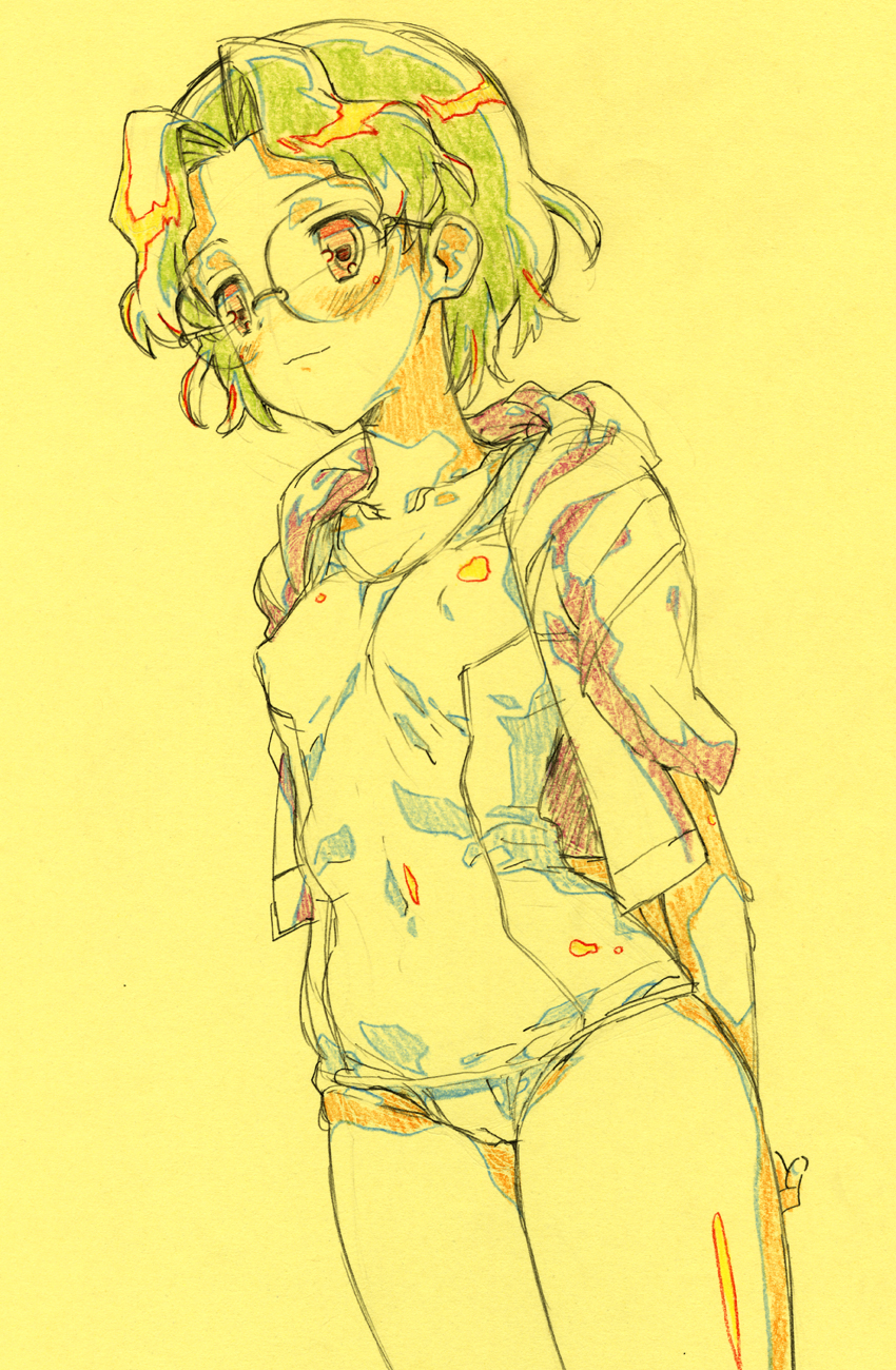 kasuga souichi, someya mako, saki (manga), bad id, bad pixiv id, highres, traditional media, 00s, 1girl, :3, blush, breasts, color trace, female focus, flat chest, glasses, jacket, jacket over swimsuit, one-piece swimsuit, production art, school swimsuit, short hair, sketch, small breasts, solo, swimsuit, white one-piece swimsuit, white school swimsuit