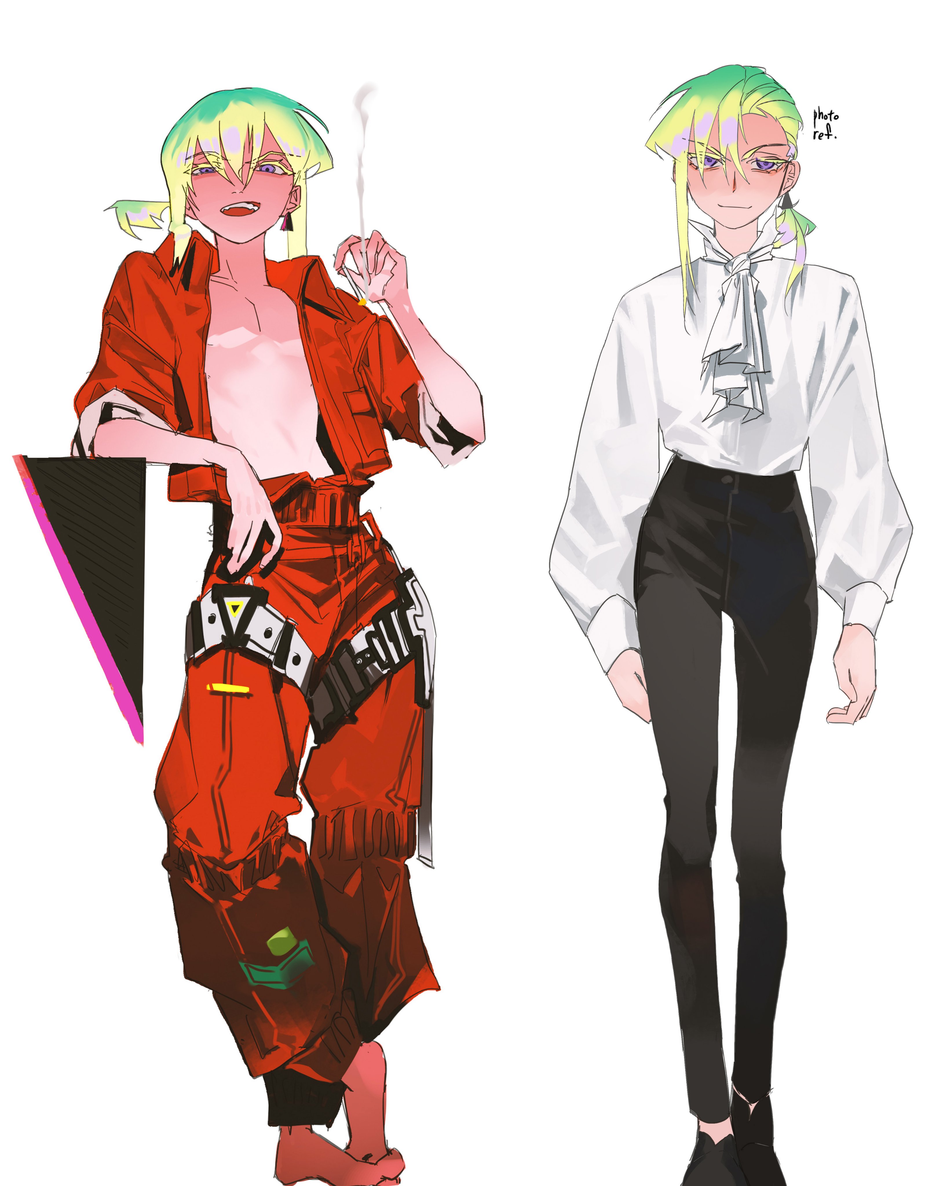 so-rann, lio fotia, promare, absurdres, clothing request, highres, 1boy, ascot, barefoot, blue eyes, cigarette, long hair, looking at viewer, open overalls, overalls, ponytail, red overalls, shirt, simple background, smile, smoke, solo, teeth, white background