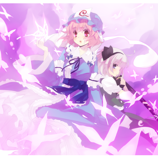 kurot, konpaku youmu, konpaku youmu (ghost), saigyouji yuyuko, touhou, 2girls, :o, blush, bug, butterfly, dress, female focus, hat, hitodama, multiple girls, pink hair, short hair, white hair