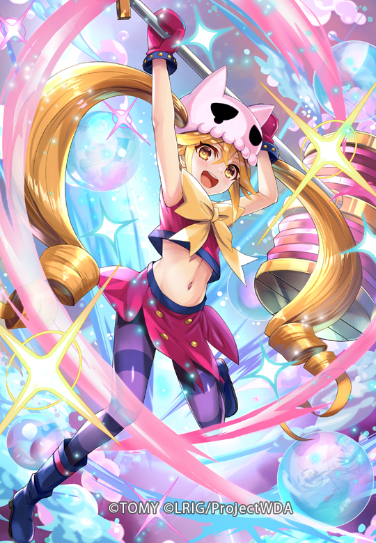 hokuyuu, eldora (wixoss), wixoss, official art, 1girl, black pantyhose, blonde hair, copyright notice, cropped shirt, drill hair, gloves, hammer, holding, holding hammer, long hair, looking at viewer, open mouth, pantyhose, pink shirt, pink skirt, purple pantyhose, red gloves, shirt, skirt, smile, solo, striped clothes, striped pantyhose, teeth, twin drills, upper teeth only, very long hair, yellow eyes
