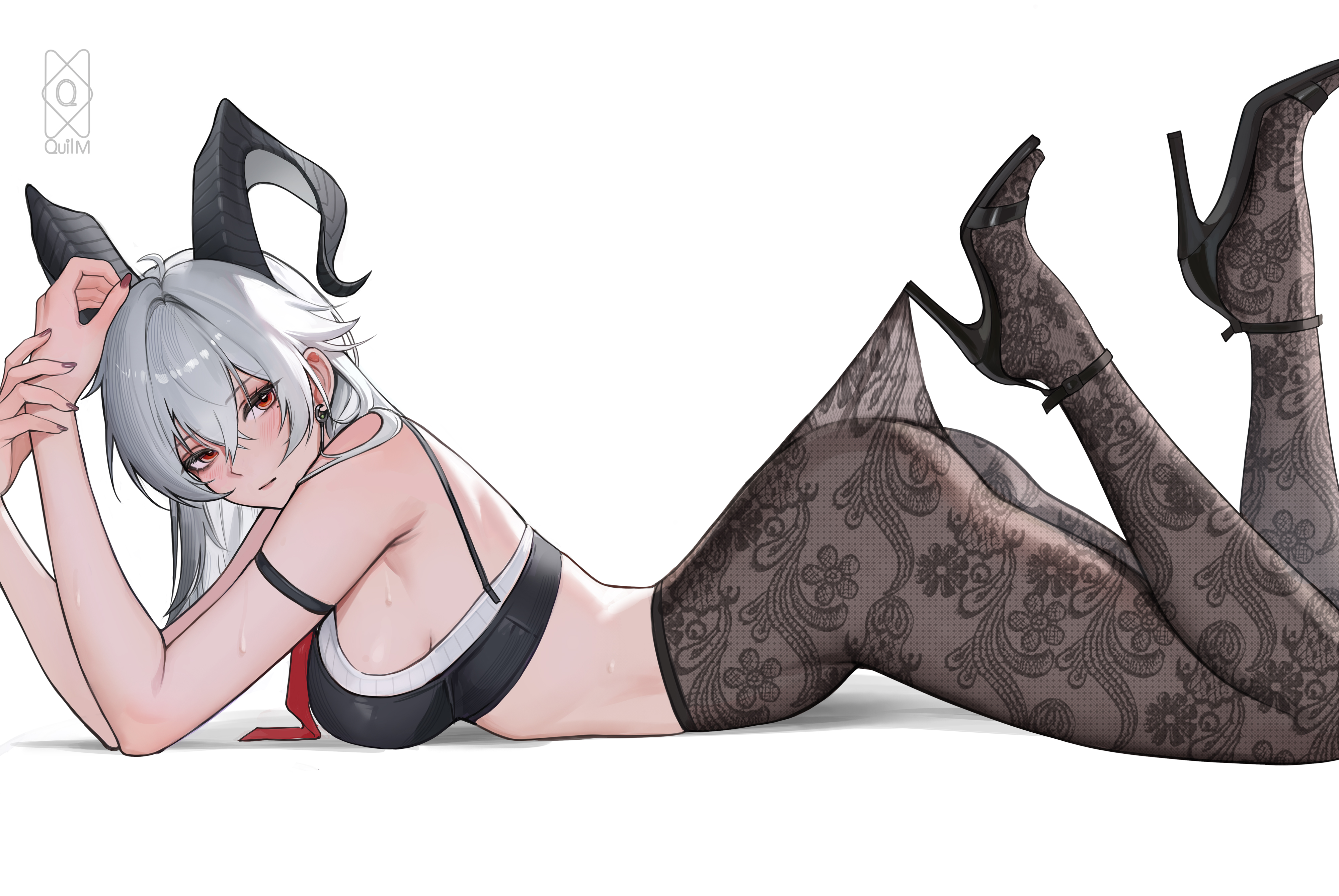 quilm, zani (wuthering waves), wuthering waves, absurdres, commentary, highres, revision, 1girl, arm strap, artist name, bare shoulders, black bra, black horns, black pantyhose, black shoes, blush, bra, breasts, closed mouth, curled horns, earrings, fingernails, from side, hair between eyes, hands up, high heels, horns, jewelry, lace pantyhose hooked on heel (meme), looking to the side, lying, medium breasts, meme, nail polish, necktie, no shirt, on stomach, pantyhose, red eyes, red nails, red necktie, shoes, sidelocks, solo, underwear