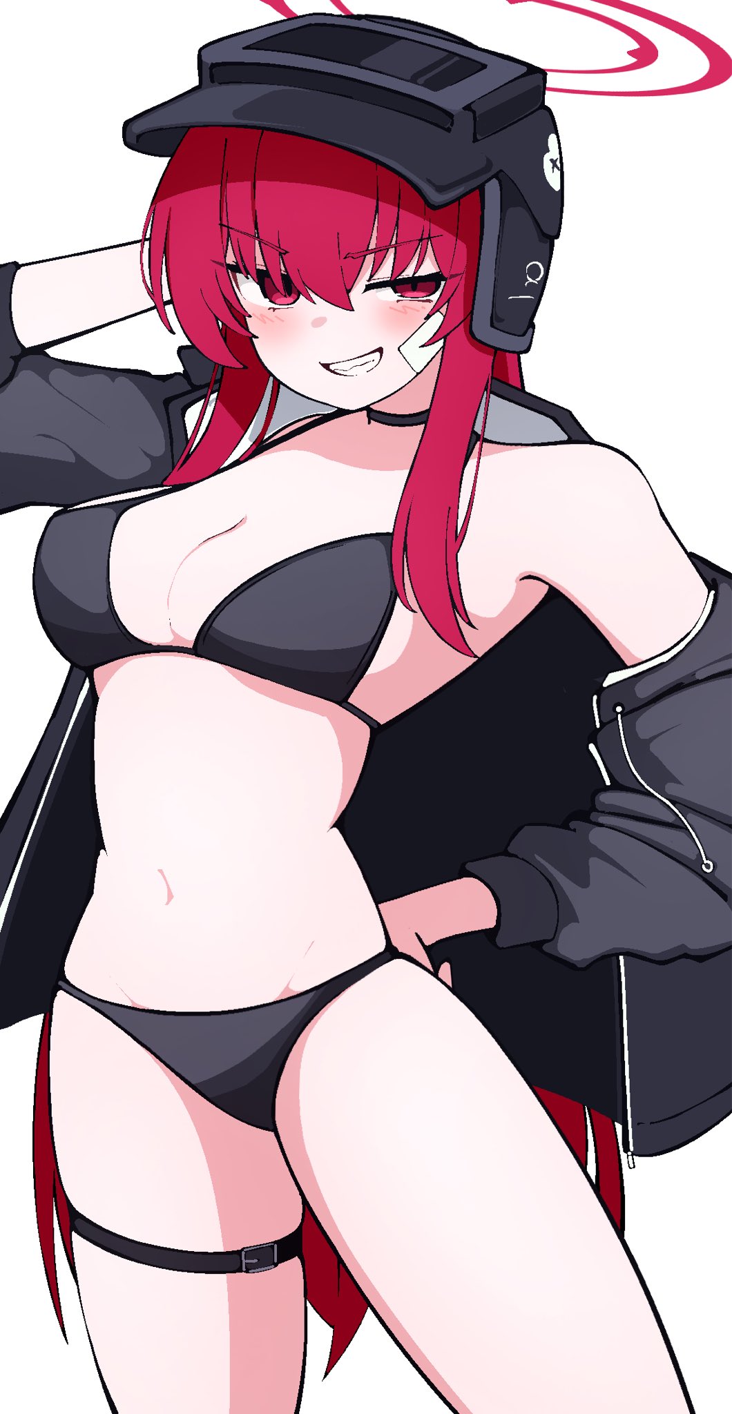 yuntaro (ramen star), rabu (blue archive), blue archive, highres, 1girl, arm behind head, bandage on cheek, bandage on face, bandages, bikini, black bikini, black choker, black jacket, blush, breasts, choker, clenched teeth, groin, hair between eyes, halo, hand in own hair, helmet, hip focus, jacket, long hair, long sleeves, looking at viewer, medium breasts, navel, nose, open clothes, open jacket, red eyes, red hair, sidelocks, skindentation, smile, smirk, solo, standing, swimsuit, teeth, thigh strap, white background