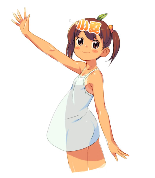 om (nk2007), konatsu-chan, nhk (broadcaster), bad id, bad pixiv id, 1girl, blush, brown eyes, brown hair, female focus, see-through clothes, see-through silhouette, short twintails, simple background, smile, solo, twintails, waving, white background