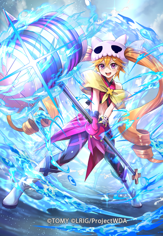 hokuyuu, eldora (wixoss), wixoss, official art, 1girl, black pantyhose, blonde hair, boots, copyright notice, cropped shirt, drill hair, gloves, hammer, holding, holding hammer, long hair, looking at viewer, open mouth, pantyhose, pink gloves, pink shirt, shirt, smile, solo, teeth, twin drills, upper teeth only, very long hair, white boots, yellow eyes