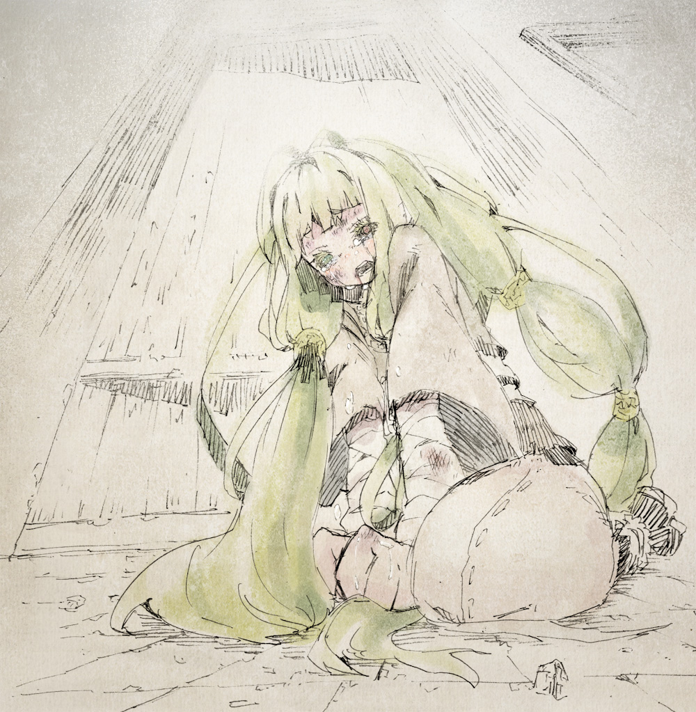 abara heiki, bandages, black sclera, blush, colored sclera, green hair, heterochromia, kneeling, long hair, sad, sketch, solo, tears