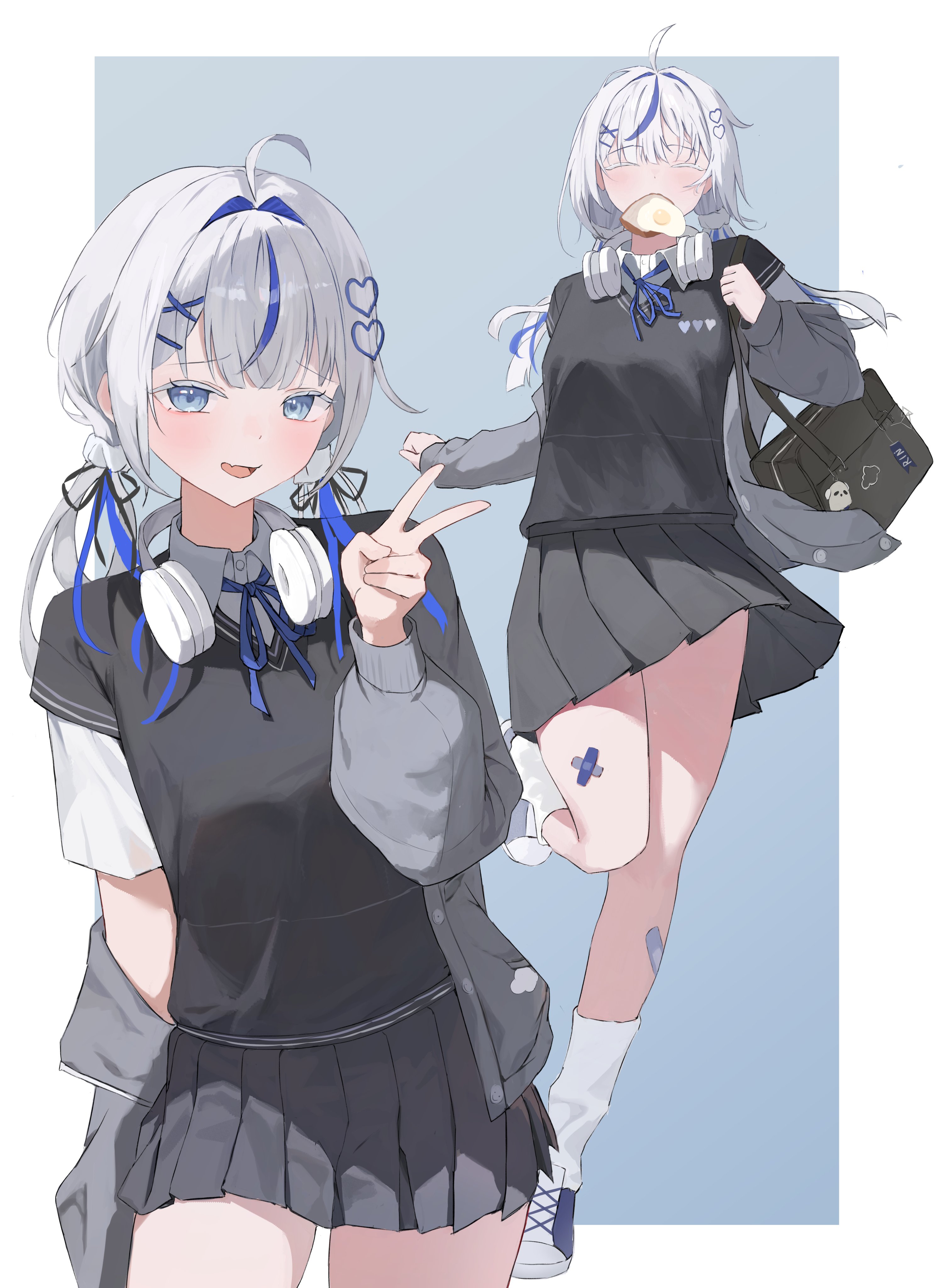 meosic2, aokumo rin, stellive, absurdres, commentary request, highres, korean commentary, 1girl, ahoge, alternate costume, bag, bandaid, bandaid on leg, black ribbon, black shirt, black skirt, blue eyes, blue ribbon, border, cardigan, closed eyes, collared shirt, contrapposto, fang, gradient background, grey background, grey cardigan, hair intakes, hair ornament, hair ribbon, hairclip, hand up, headphones, headphones around neck, heart, heart hair ornament, heart print, layered sleeves, long hair, long sleeves, looking at viewer, low twintails, miniskirt, multiple views, neck ribbon, off shoulder, open cardigan, open clothes, open mouth, outside border, pleated skirt, print shirt, raised inner eyebrows, ribbon, running, school bag, school uniform, shirt, short sleeves, skin fang, skirt, socks, twintails, v, v-neck, virtual youtuber, white border, white shirt, white socks, wing collar, wispy bangs, x hair ornament