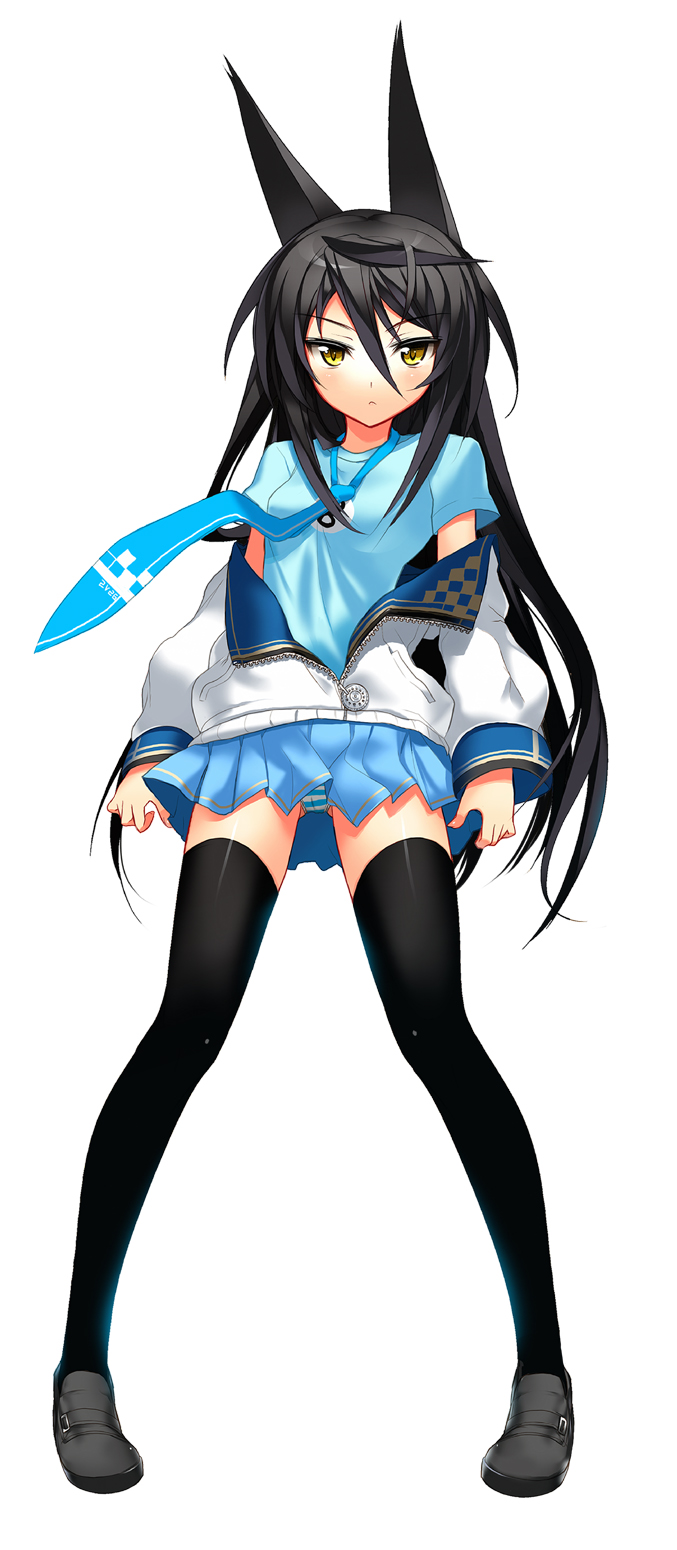 char, necro-san, original, highres, 1girl, :<, animal ears, black hair, brown eyes, female focus, long hair, panties, pantyshot, school uniform, skirt, solo, striped clothes, striped panties, thighhighs, underwear, zettai ryouiki