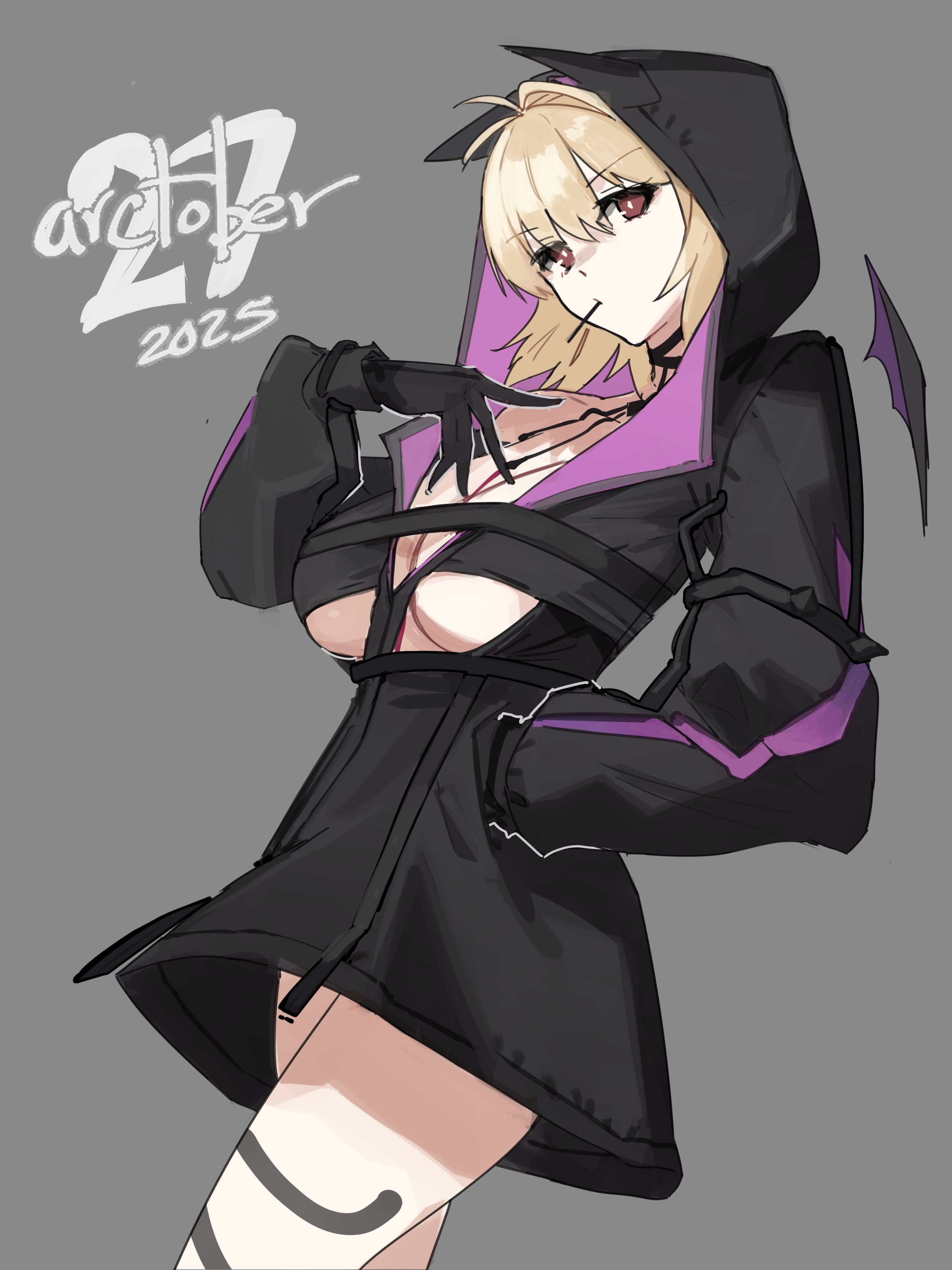 jonyeld, arcueid brunestud, tsukihime, absurdres, highres, 1girl, black skirt, blonde hair, breasts, cleavage, cowboy shot, dated, grey background, hand in pocket, hood, hood up, hooded jacket, jacket, large breasts, open clothes, open jacket, red eyes, short hair, simple background, skirt, solo