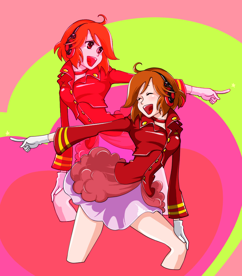 anko (pixiv249614), anko anko, cyndi wang, meiko (vocaloid), sakine meiko, vocaloid, 1girl, ahoge, brown eyes, brown hair, colorful, cosplay, female focus, gloves, headphones, microphone, short hair, skirt, smile, solo