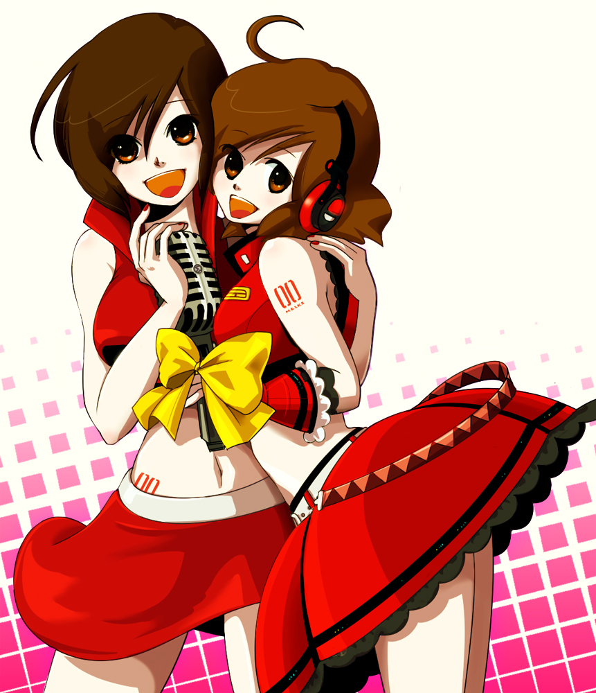 anko (pixiv249614), anko anko, meiko (vocaloid), sakine meiko, vocaloid, 2girls, ahoge, belt, brown eyes, brown hair, dual persona, female focus, gloves, headphones, headset, microphone, midriff, multiple girls, navel, ribbon, short hair, skirt, smile, vintage microphone