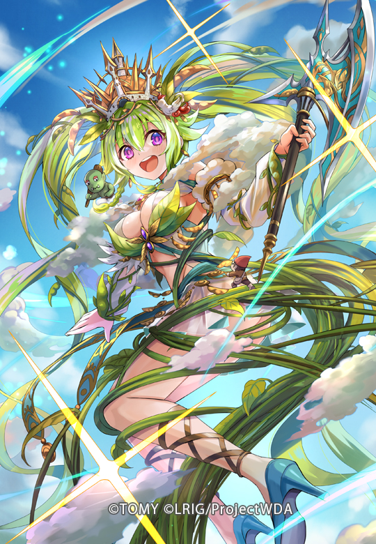 hokuyuu, wixoss, clothing request, official art, 1girl, axe, blue sky, breasts, cleavage, cloud, copyright notice, green hair, holding, holding axe, jackbeans (wixoss), looking at viewer, medium breasts, medium hair, outdoors, purple eyes, sky, smile, solo, twintails