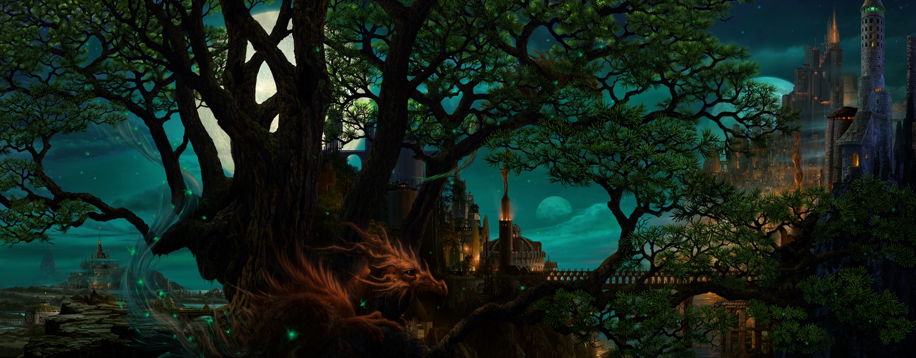 kazumasa uchio, uchio kazumasa, original, highres, long image, wide image, castle, city, cloud, creature, dark, dragon, fantasy, moon, night, scenery, sky, star (sky), star (symbol), starry sky, tree