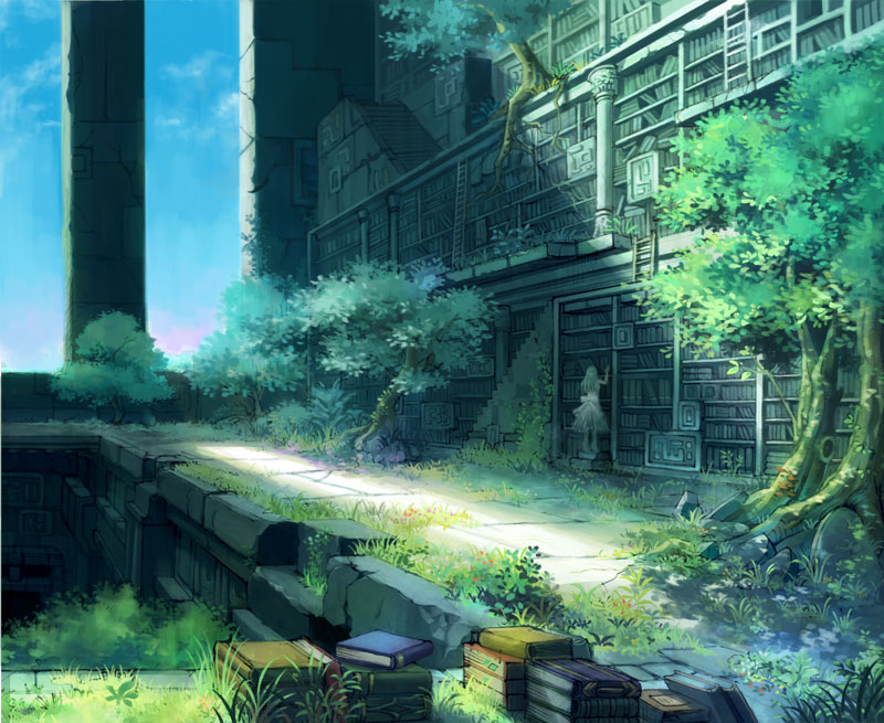 fujiwara (fujiwara43), stone, 1girl, back, book, building, child, day, dress, female focus, indoors, ladder, library, ruins, scenery, shelf, solo, standing, tree