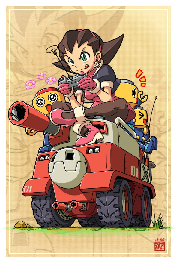 zap, servbot (mega man), tron bonne (mega man), capcom, mega man (series), mega man legends (series), the misadventures of tron bonne, vehicle, 1girl, brown hair, controller, crotch plate, gloves, green eyes, hair slicked back, military, military vehicle, motor vehicle, pantyhose, remote control, robot, tank