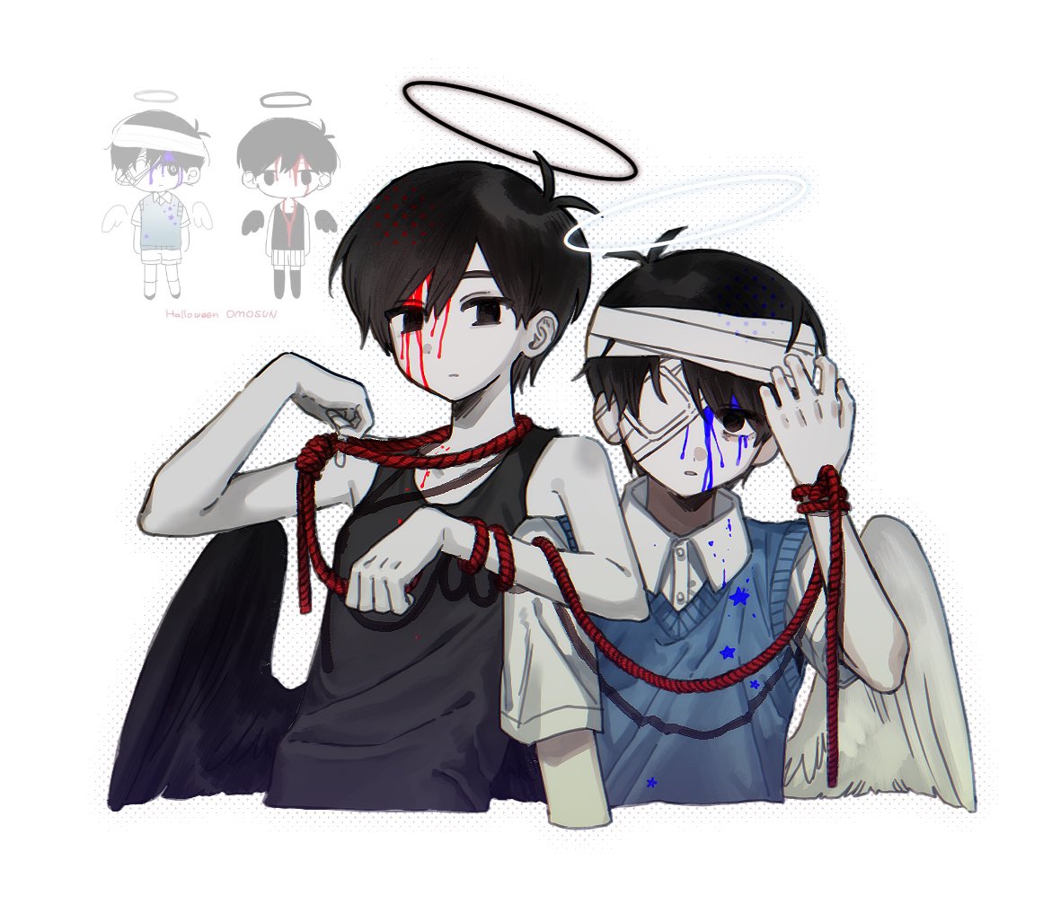 rou (h s sinrin), omori (omori), sunny (omori), omori, spoilers, 2boys, adapted costume, antenna hair, bandage over one eye, bandaged head, bandages, bare arms, bare shoulders, black eyes, black hair, black halo, black tank top, black wings, blood, blood from forehead, blood on face, blue blood, blue sweater vest, closed mouth, collared shirt, colored skin, cropped torso, double-parted bangs, dual persona, empty eyes, feathered wings, hair behind ear, hair between eyes, halftone, halftone background, halo, looking at viewer, male focus, multiple boys, no pupils, parted lips, reference inset, shirt, short hair, short sleeves, simple background, star (symbol), sunny (hospital gown) (omori), sweater vest, swept bangs, tank top, very short hair, white background, white halo, white shirt, white skin, white wings, wings
