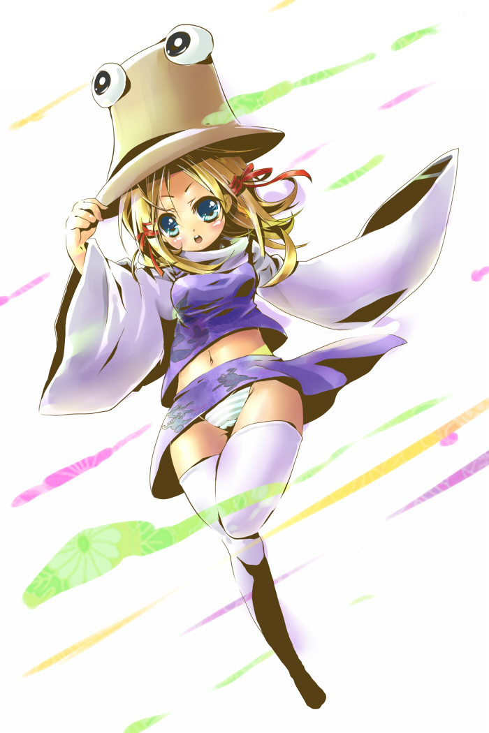 opengear, yuzuki (pixiv), moriya suwako, touhou, 1girl, blonde hair, blue eyes, breasts, female focus, full body, hair ribbon, hat, midriff, navel, panties, pantyshot, ribbon, solo, striped clothes, striped panties, thighhighs, underwear