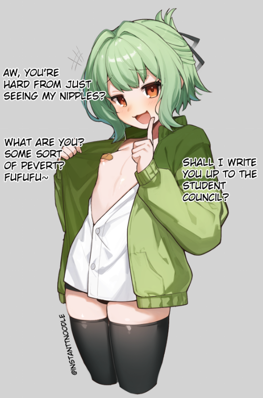 instanttnoodle, otori tan, seitokai ni mo ana wa aru!, commentary, english commentary, 1boy, areola slip, artist name, bandaid, bandaids on nipples, black thighhighs, blush, choppy bangs, cropped legs, english text, green hair, green jacket, grey background, hair intakes, index finger raised, jacket, long sleeves, looking at viewer, male focus, open clothes, open jacket, open mouth, opened by self, orange eyes, pasties, puffy male chest, raised inner eyebrows, shirt, short hair, simple background, smile, solo, talking, thighhighs, thighs, trap, twitter username, white shirt