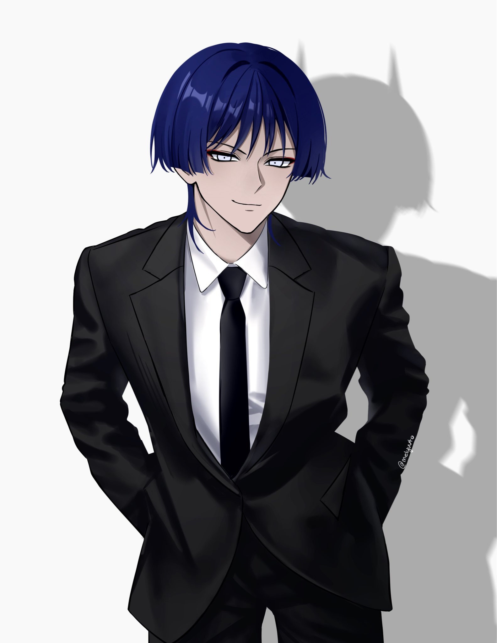 scaramouche (genshin impact), genshin impact, highres, 1boy, alternate costume, arms at sides, black jacket, black necktie, black pants, black sleeves, black suit, blunt ends, closed mouth, collared shirt, contemporary, cowboy shot, demon horns, different shadow, eyeliner, eyeshadow, formal clothes, hands in pockets, horns, jacket, lapels, long sleeves, looking at viewer, makeup, male focus, melyuuto, necktie, pants, purple hair, red eyeliner, red eyeshadow, shirt, smile, solo, suit, suit jacket, tsurime, twitter username, white background, white eyes, white shirt