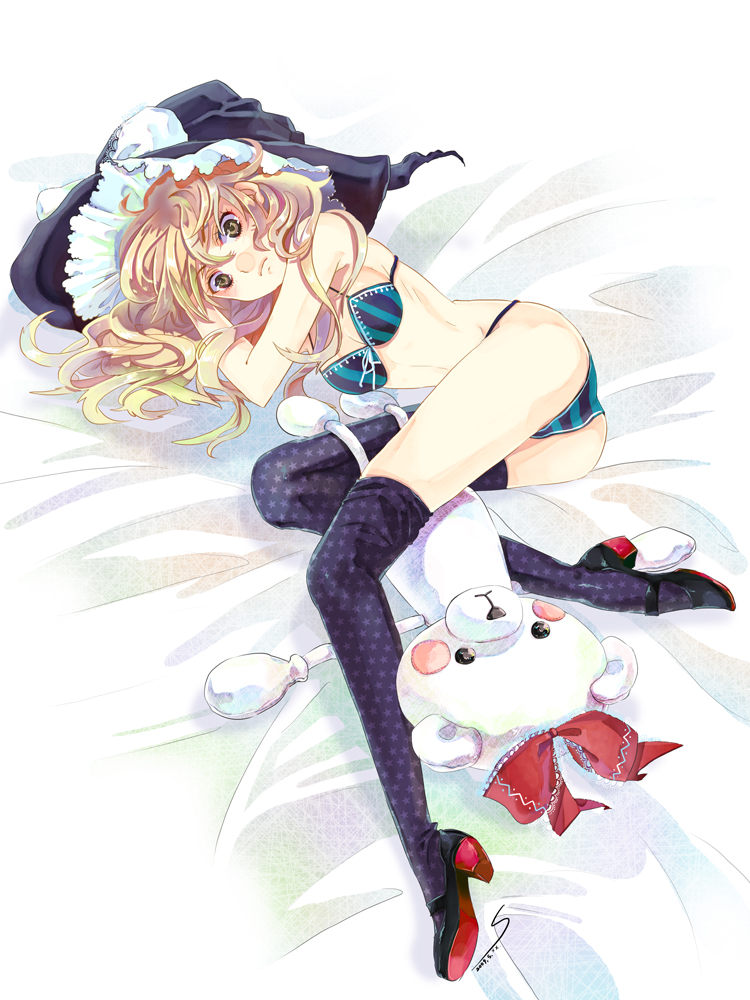 naoto (sandersoniahirahira), sarusaru naoto, kirisame marisa, touhou, bad id, bad pixiv id, 1girl, blonde hair, bra, female focus, hat, legs, lingerie, mary janes, panties, shoes, solo, striped clothes, striped panties, stuffed animal, stuffed toy, thighhighs, underwear, underwear only, witch hat, yellow eyes