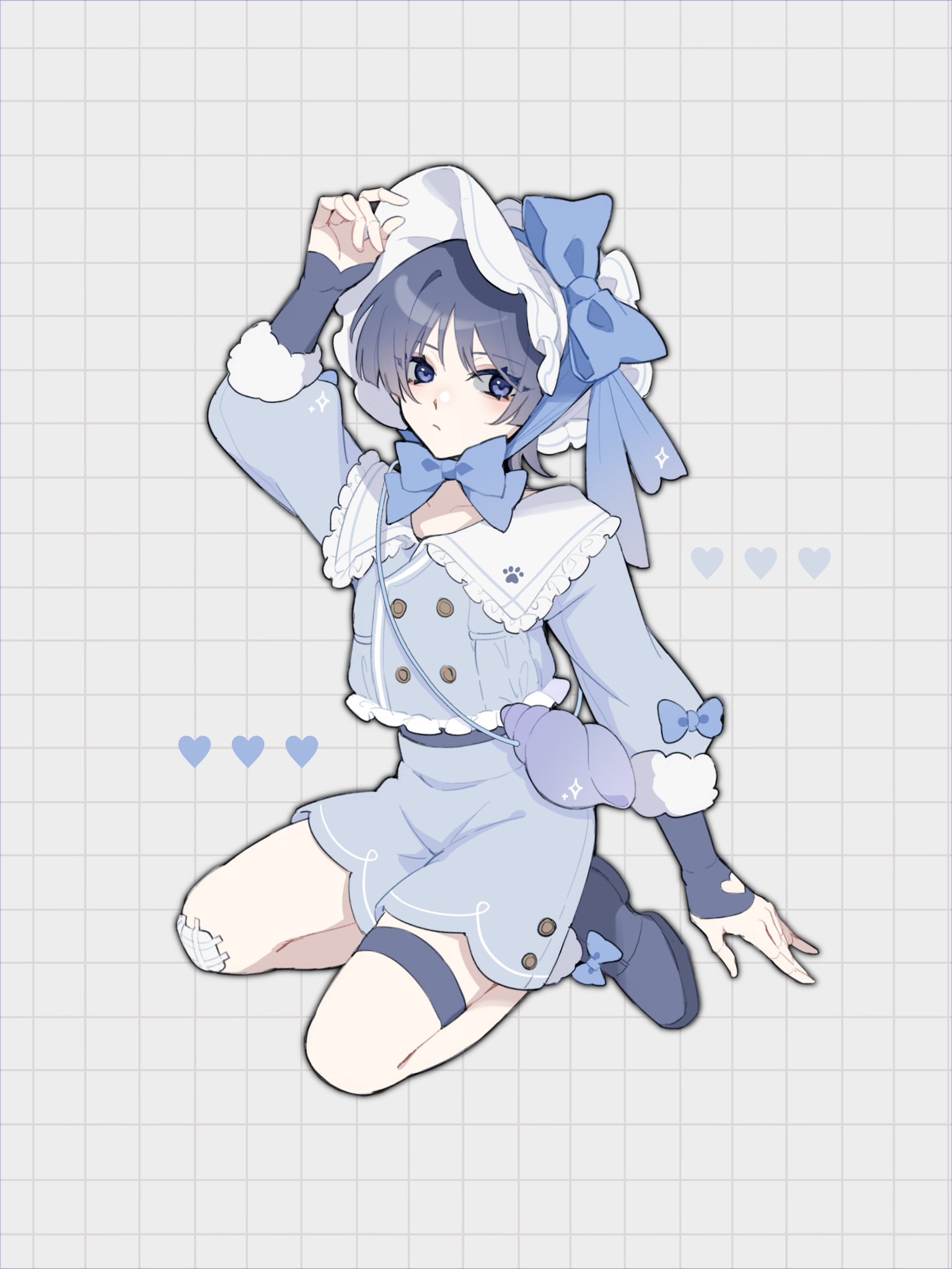 w02 14, scaramouche (genshin impact), genshin impact, highres, 1boy, alternate costume, arm at side, arm up, black shoes, black sleeves, blue bow, blunt ends, bonnet, bow, buttons, closed mouth, clothing cutout, collar, collarbone, conch, curled fingers, doll joints, double-breasted, eyelashes, eyeliner, eyeshadow, frilled collar, frills, full body, gauze on knee, grey background, grey hair, grey shirt, grey shorts, grey sleeves, grid background, hat, hat bow, heart, heart cutout, joints, layered sleeves, long sleeves, looking at viewer, makeup, male focus, open hand, purple eyes, red eyeliner, red eyeshadow, seiza, shirt, shoes, shorts, sitting, sleeve bow, solo, sparkle print, thigh strap, white collar, white hat, wispy bangs