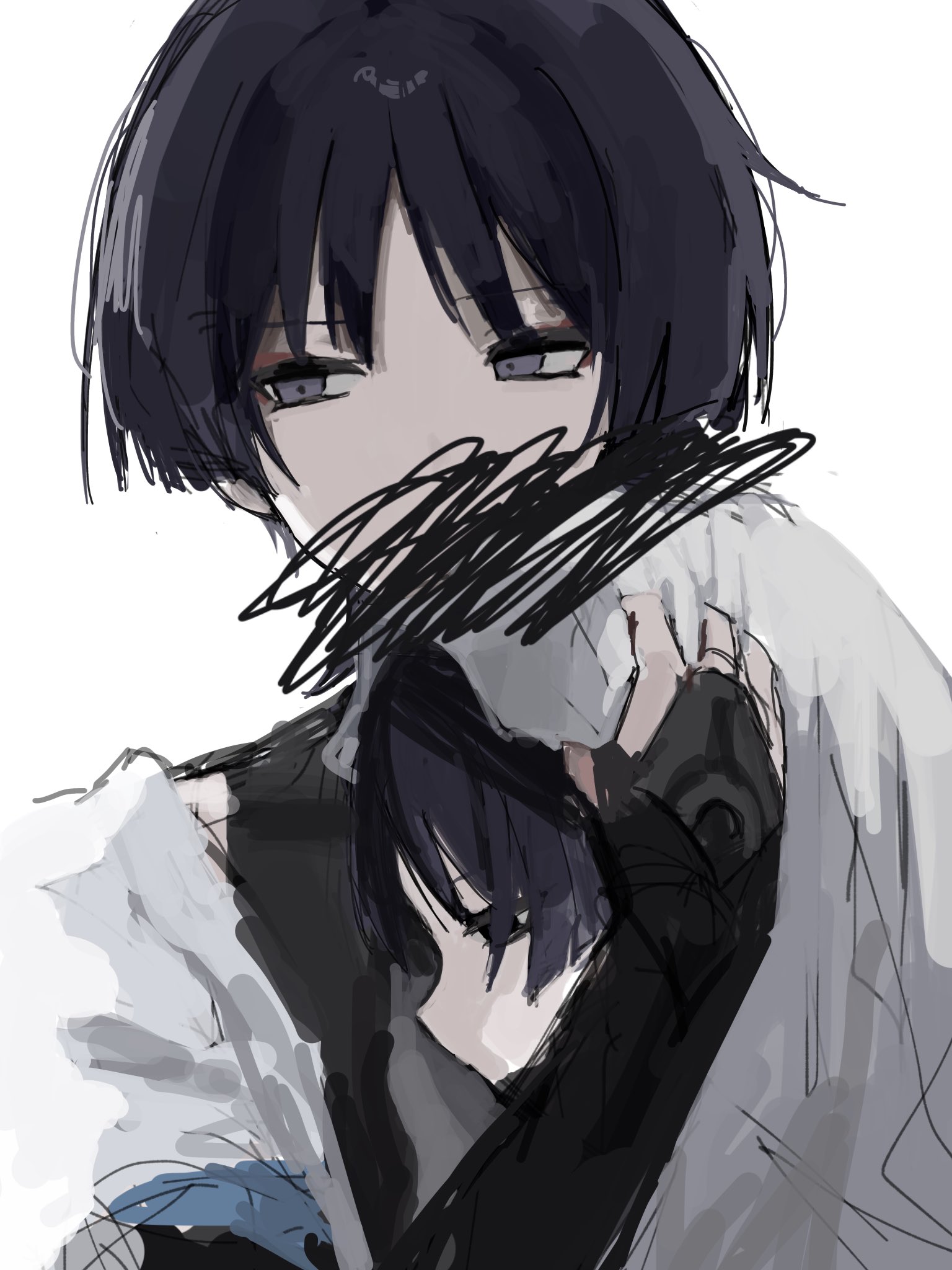 scaramouche (genshin impact), scaramouche (kabukimono) (genshin impact), wanderer (genshin impact), genshin impact, highres, 2boys, 624 itumo, armor, black bodysuit, black bridal gauntlets, black eyes, black hair, blanket veil, blue sleeves, blunt ends, bodysuit, bridal gauntlets, dual persona, empty eyes, eyeliner, eyeshadow, hand on another's head, hand up, japanese armor, kote, kurokote, layered sleeves, looking to the side, makeup, multiple boys, purple eyes, red eyeliner, red eyeshadow, short sleeves, shoulder peek, sideways glance, sketch, squiggle, tsurime, white background, white sleeves, wispy bangs