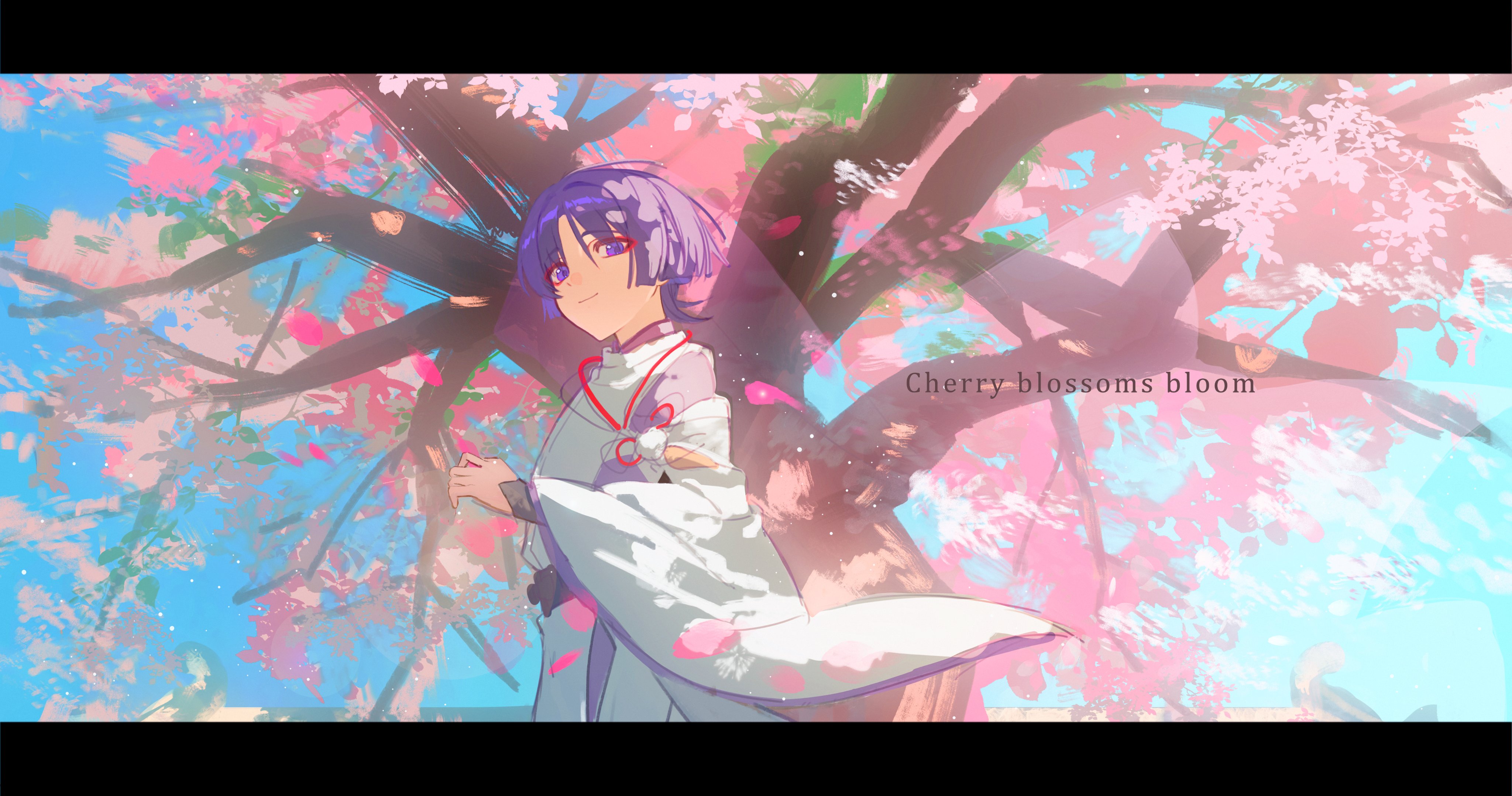 miaoyeza233, scaramouche (genshin impact), scaramouche (kabukimono) (genshin impact), genshin impact, absurdres, highres, 1boy, armor, black sash, blue sky, blunt ends, cherry blossoms, closed mouth, clothing cutout, eyeliner, eyeshadow, falling petals, feathers, from side, hand up, hip vent, japanese armor, japanese clothes, kariginu, kimono, kote, kurokote, layered sleeves, looking at viewer, makeup, male focus, outdoors, pants, parted bangs, petals, pink petals, pom pom (clothes), purple eyes, purple hair, purple kimono, purple sleeves, purple veil, red eyeliner, red eyeshadow, sash, see-through clothes, see-through veil, shoulder cutout, side cutout, sky, smile, solo, string, veil, white pants, white sleeves, wide sleeves, yellow feathers