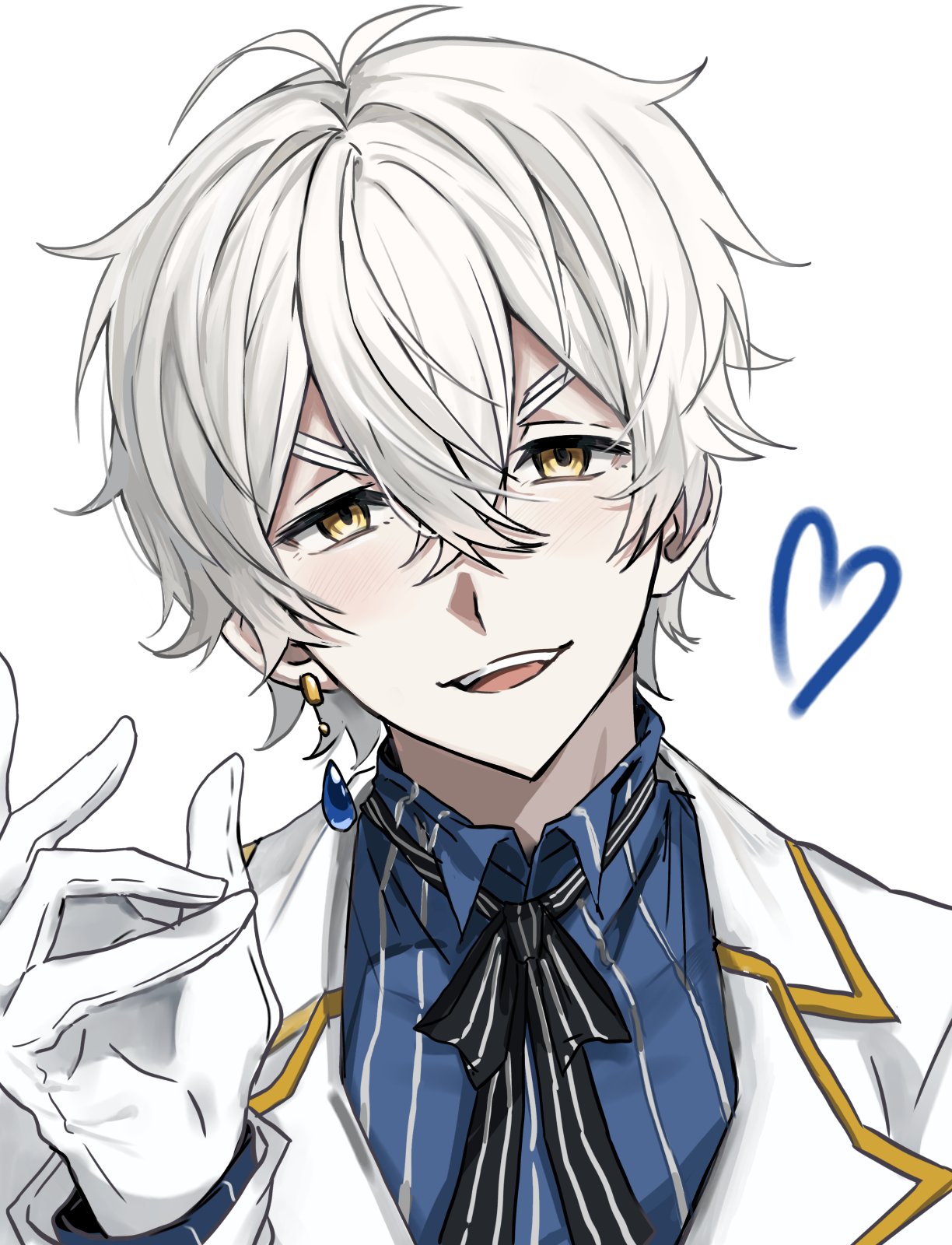 regulus corneas, re:zero kara hajimeru isekai seikatsu, highres, 1boy, black ribbon, blue shirt, collared shirt, crossed bangs, earrings, gloves, hair between eyes, heart, jacket, jewelry, long sleeves, looking at viewer, male focus, neck ribbon, open mouth, pinstripe pattern, pinstripe shirt, ribbon, shirt, short hair, single earring, smile, solo, striped clothes, striped shirt, teeth, upper body, upper teeth only, uyauuyyaa, v-shaped eyebrows, vertical-striped clothes, vertical-striped shirt, white background, white gloves, white hair, white jacket, yellow eyes